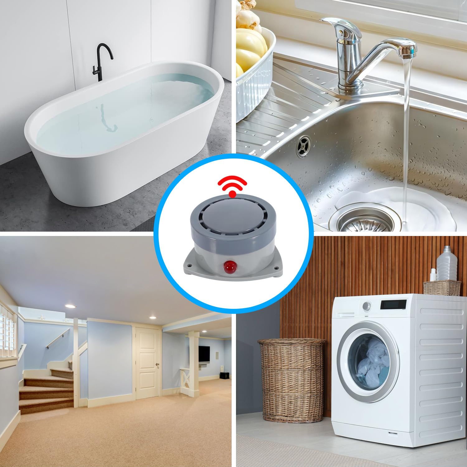 Mengshen Rivelatore di perdite d'acqua 4 Pack, allarme di inondazione del sensore dell'acqua di 120dB senza fili impermeabile forte audio luce avvisi per la casa cucina seminterrato (batteria inclusa)