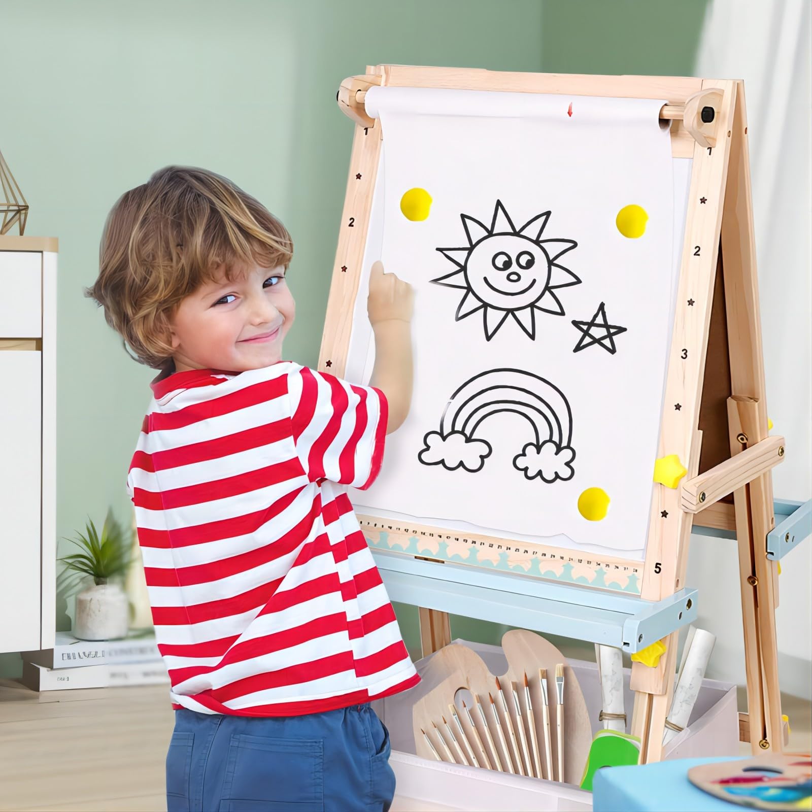 Pizarra Caballete ​Todo en 1 de Madera|Caballete para Niños y Niñas de dos Caras | Caballete de Madera para Dibujo con Rollo de Papel,Pizarra Blanca, Pizarra de Tiza y Otros Ricos Accesorios