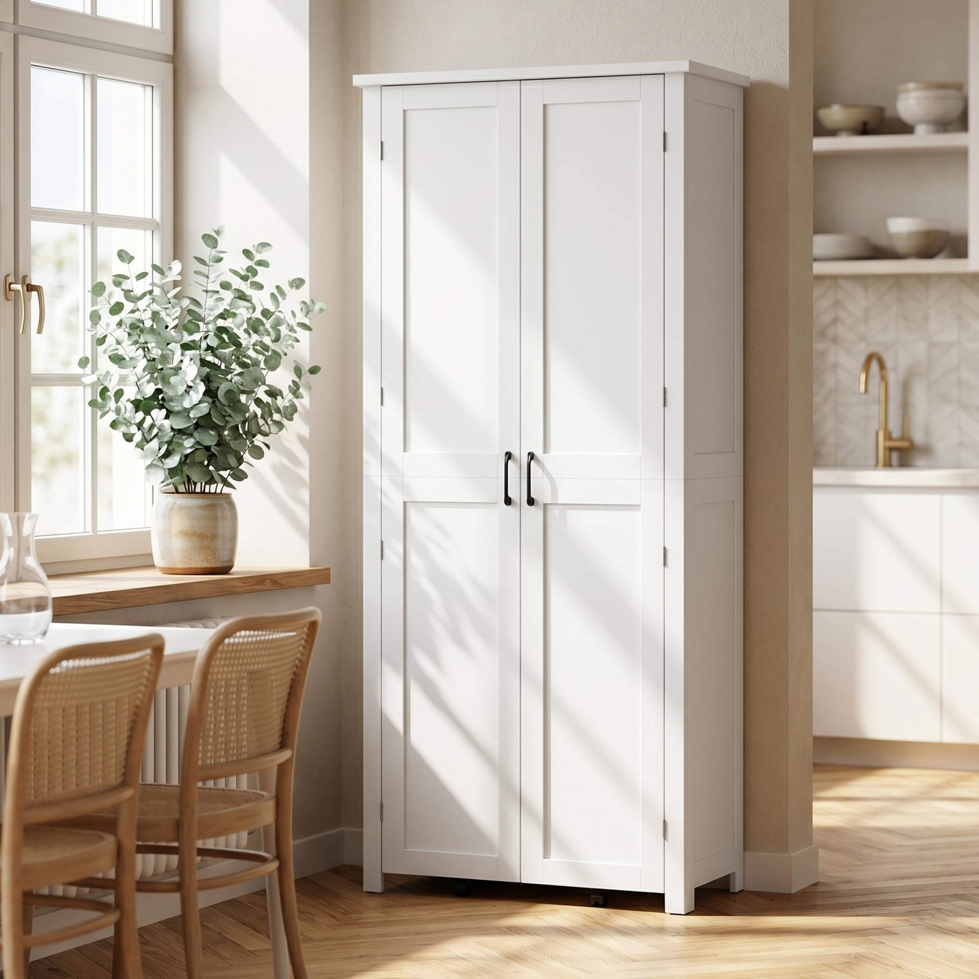 HOMCOM Credenza Cucina Alta 180cm, Mobile Dispensa con Ruote, Doppie Ante, 6 Ripiani, 14 Scomparti Portaspezie sulla Porta, Ripiani Regolabili, Mobile Cucina per Sala da Pranzo Soggiorno, Bianco