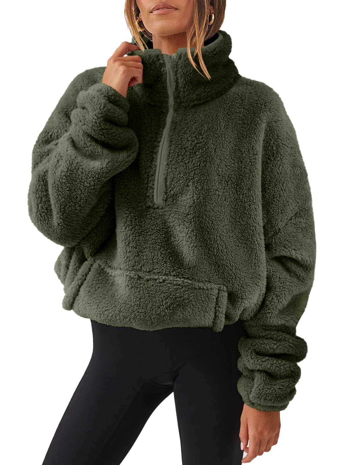 Damskie rozpinane bluzy oversize przycięte bluzy z kapturem na co dzień sweter z polaru topy 2024 moda jesienna, ciemnozielony, XL