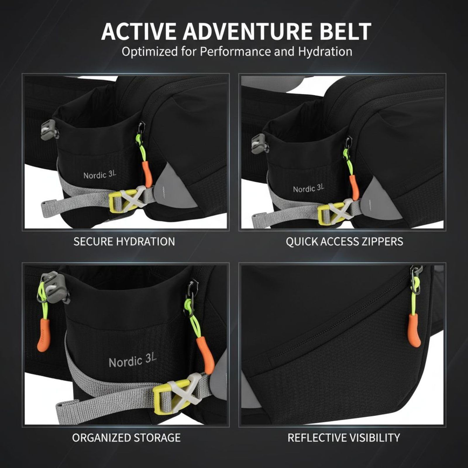 Hydration-Gürtel, Verstellbarer Outdoor-Sport-Hüftgürtel mit Flaschenhalter, Bauchtasche mit Mehreren Fächern für Wandern, Laufen, Spazierengehen, passend für Taillenumfang 31,5-55,1 in