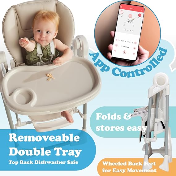 PrimoBaby SnuggleBug 2-in-1 Infant Swing & High Chair, Adjustable Seat Recline, Height, Feeding Tray, App Control, Music & Nature Sounds, Toy Bar, Ergonomic Cushion, 5 Point Safety Harness