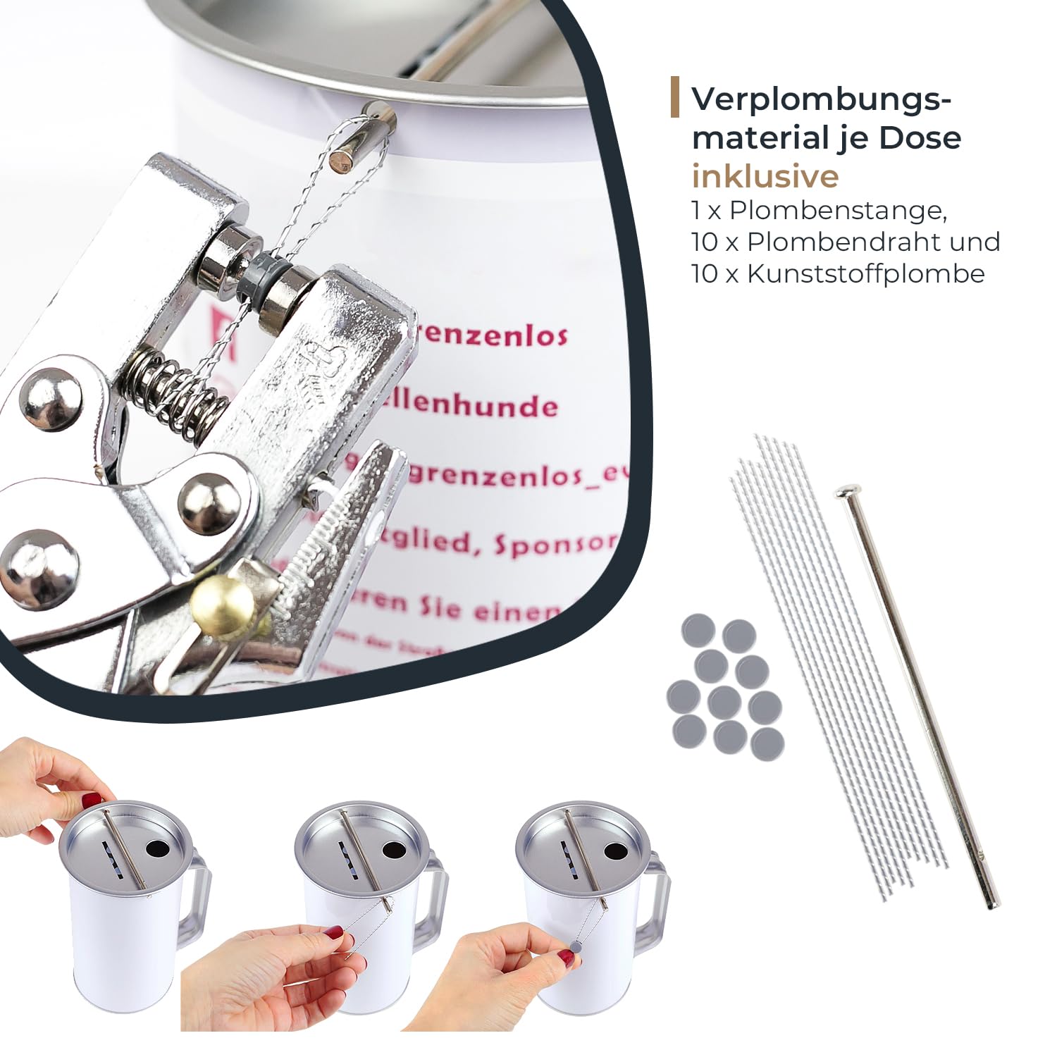 HMF Spendendose mit Griff individuell Bedruckt für Vereine und gemeinnützige Organisationen, Spendenbox aus Blech mit Münzschlitz und Scheineinwurf für Geldspenden | 15 Stück | Ø 10 cm x 14,5 cm