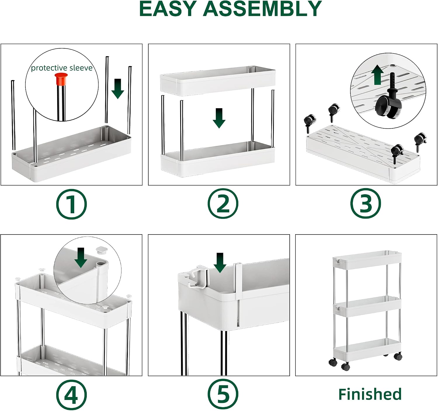 OTK Slim Storage Cart 3 Tier Mobile Shelving Unit Organizer, Utility Rolling Shelf Cart with Wheels for Bathroom Kitchen Bedroom Office Laundry Narrow Places，White