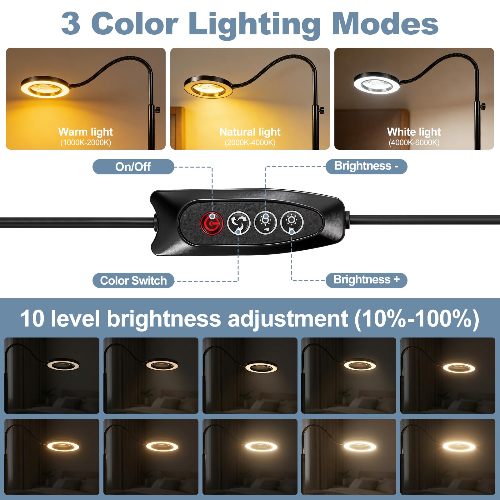 Loupe avec lumière et support, 10 loupes sur pied avec éclairage et trépied, loupe 3 en 1, 3 modes de couleur, convient pour la lecture et le dessin