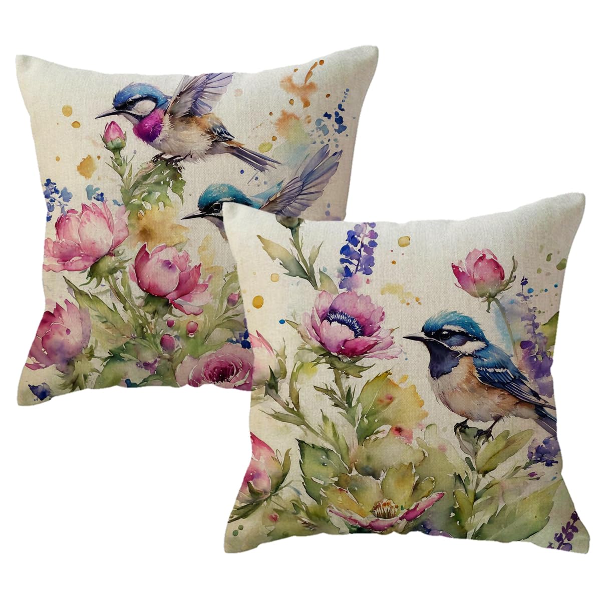 Watercolor Birds Flowers Decorative Pillowcases 2pack Spring Summer Patio Decor Cushion Cover Farmhouse Rustic Birds Floral Pillow Covers 18 x 18