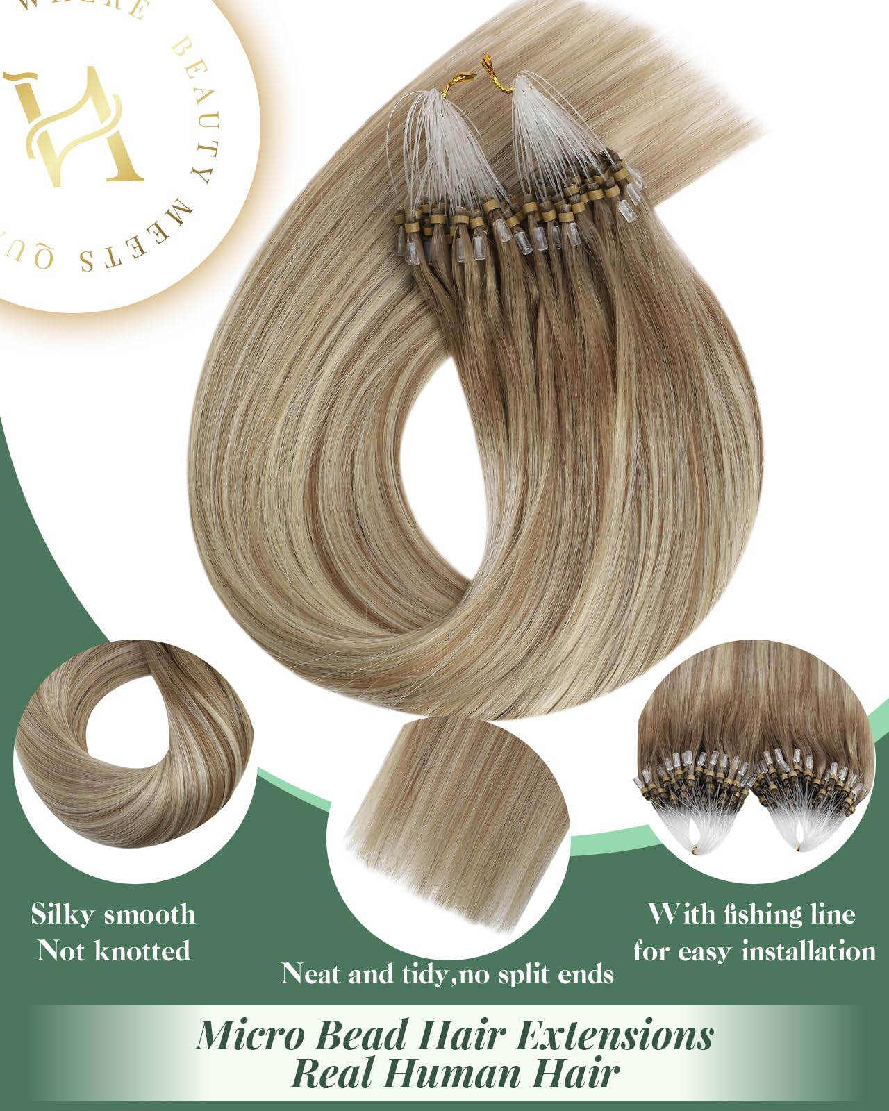 Ugeat Micro Loop Hair Extensions 24 Inch Light Brown Ombre Hair Extensions Micro Ring Platinum Blonde 50G/50S #9A/60/9A - Image 2