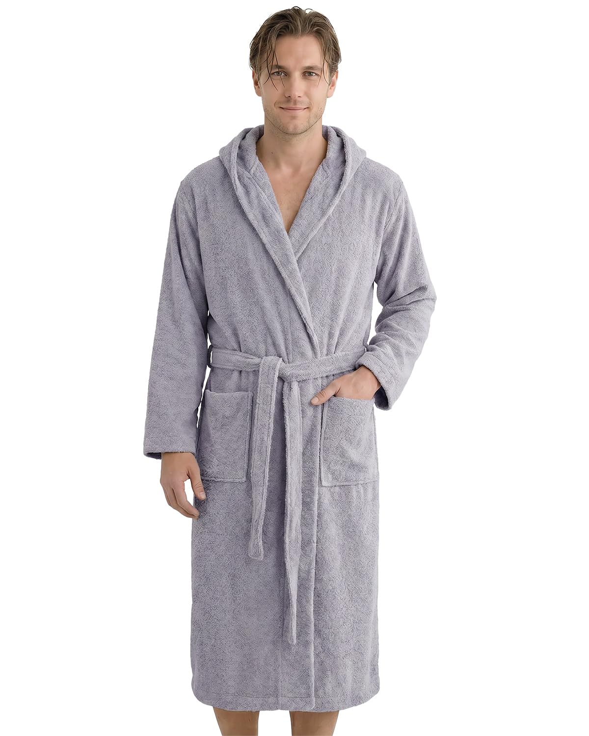 LAYNENBURG Bademantel Herren Frottee aus 100% Baumwolle - OEKO TEX Standard - weicher Morgenmantel waden-lang mit Kapuze, Bindegürtel und aufgesetzten Taschen - Ideal für Sauna & Zuhause (M-XXXL)