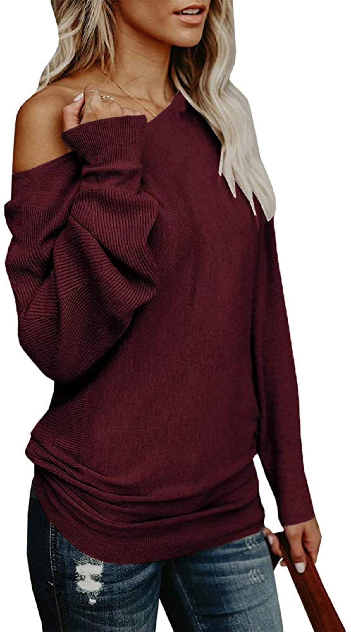 UMEKO Womens Off The Shoulder Sweater Oversized Knit Long Sleeve Sweaters Tunic Tops