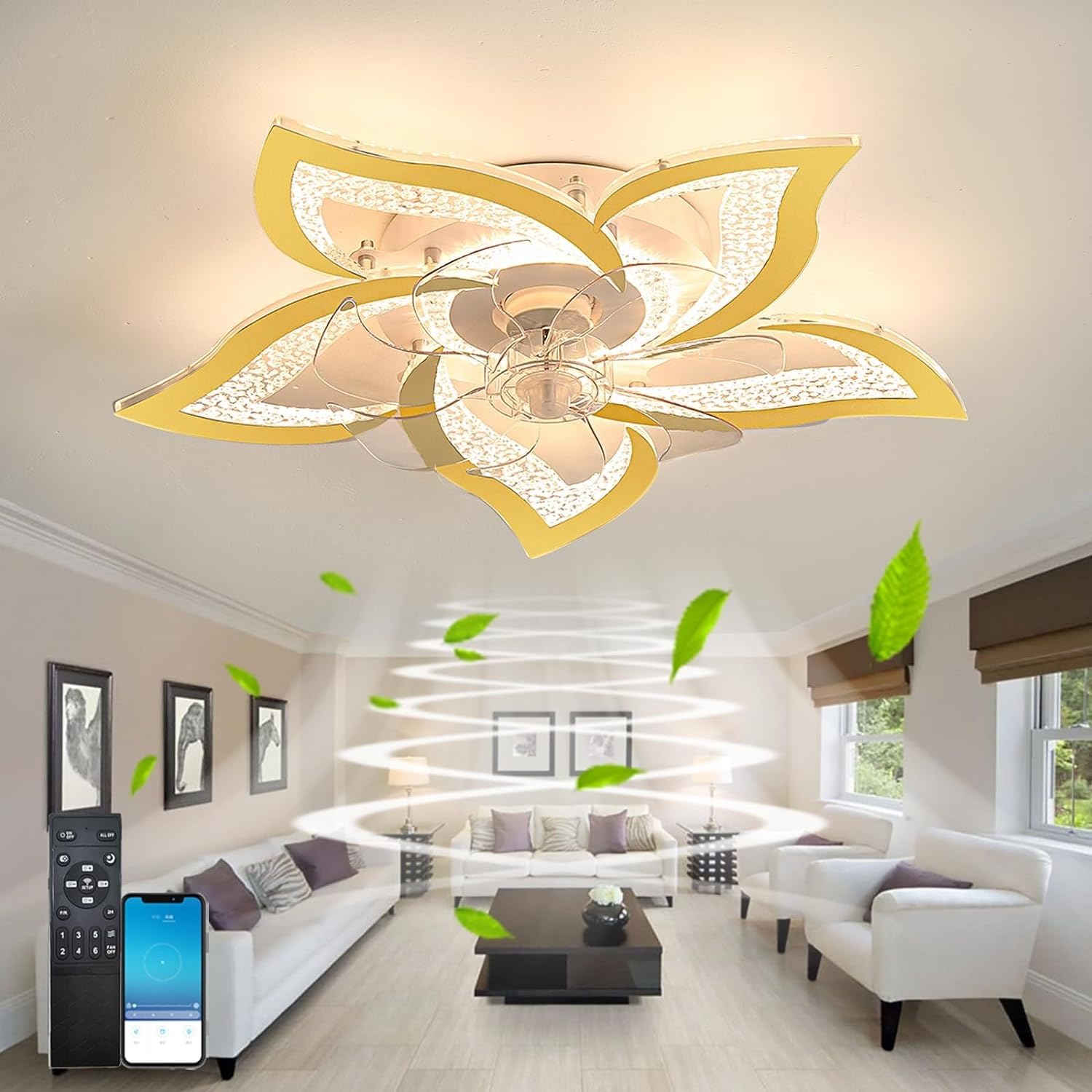 HXYSXHJUO Ceiling fan light 69CM Light with Fan LED Dimmable Reversible DC Remote Control 6 Speed Mute Fancy Living Room Bedroom - White (Gold)