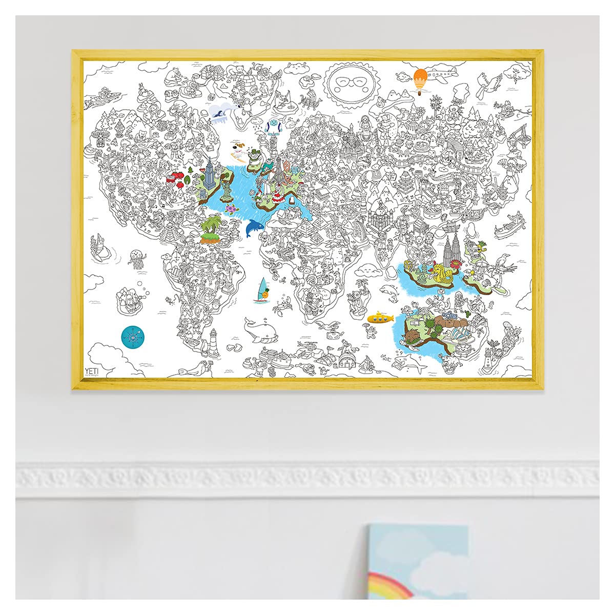 YETI BLANK DESIGNS - Poster Géant à Colorier avec 70+ stickers - Atlas Carte du Monde - XL (100x70cm) - idée cadeau poster avec autocollants - facile à encadrer - immense coloriage enfants