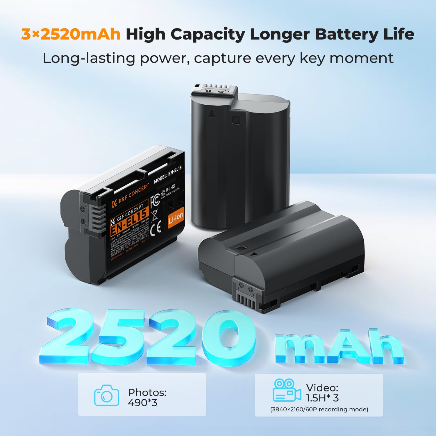 K&F CONCEPT EN-EL15C Akku 3er Pack, 20W LED PD Schnellladegerät, Kompatibel mit Nikon Z8 Z7 Z7II Z6 Z6II Z6III Z5 ZF D850 D780 D750 D7500 D7200 D7100