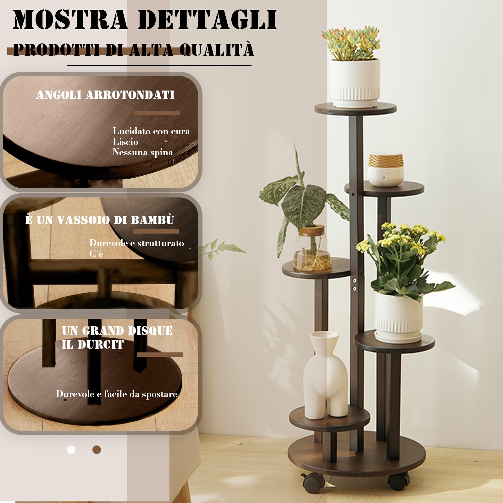 Porta Piante da Interno con Ruote, Scaffale 5 Livelli in Bambù Mobile 88 cm, Portavasi per Balcone, Giardino, Terrazzo, Supporto per Piante Reggivaso con Rotelle,Ø 31.5 cm (marrone)