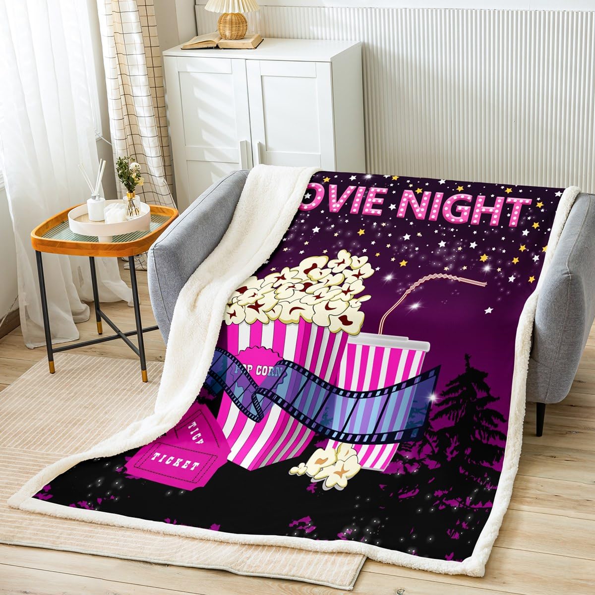 Homemissing Movie Night Fleece Throw Blanket Kids Movie Theater Decor Plush Blanket for Boys Popcorn Sherpa Blanket Breathable Neon Purple Galaxy Fuzzy Blanket Room Decor Queen 90x90 Inch