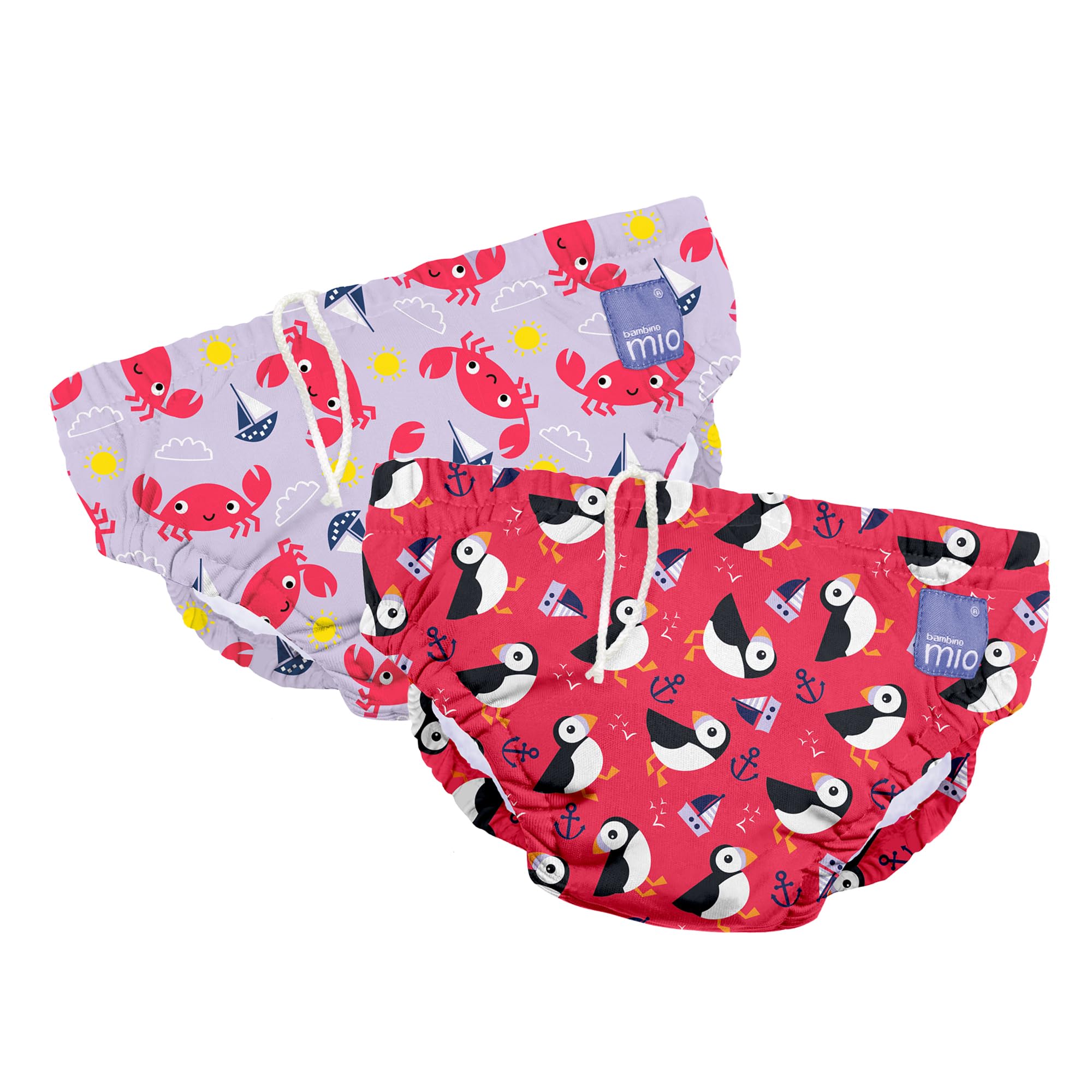 Bambino Mio wiederverwendbare Schwimmwindeln für Babys und Kleinkinder, Jungen & Mädchen, 2er-Pack, rosa Papageientaucher & Krabbe, 2-3 Jahre