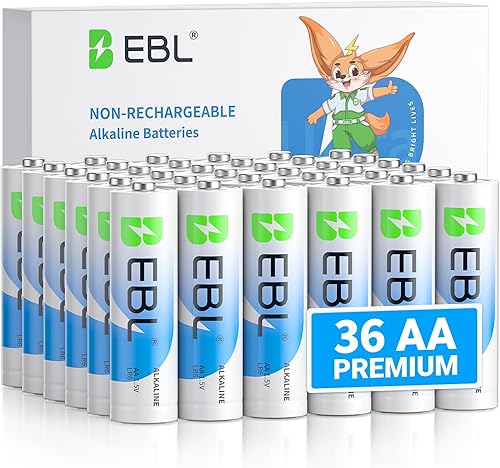 EBL AA Batteries - Paquete de 36 pilas alcalinas dobles A de larga duración, 10 años de vida útil, diseño a prueba de fugas, batería AA de 1.5 V