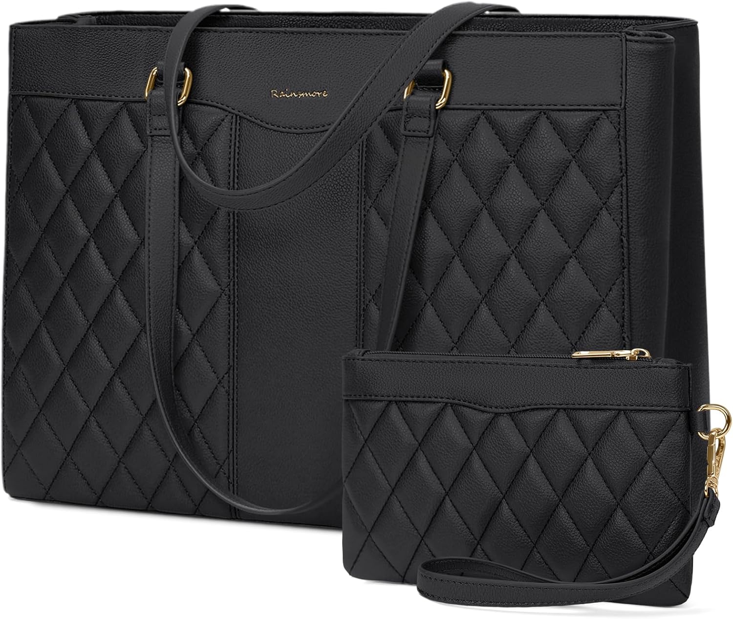 RAINSMORE Laptop Bag for Women 15.6 Inch Work Tote Bags Leather Laptop Tote Professional Laptop Purse Computer Handbag Womens Briefcase Tote with Clutch for Teacher Office Travel, Black