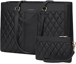 RAINSMORE Laptop Bags for Women 15.6 Inch Work Tote Bags with Clutch, Waterproof PU Leather Ladies Laptop Handbags for Office Business College Black