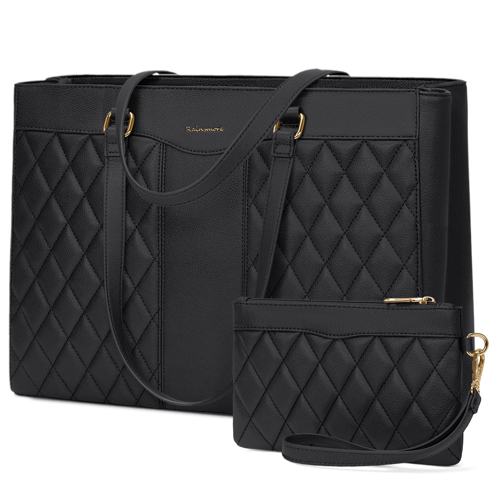 RAINSMORE Laptop Bags for Women 15.6 Inch Work Tote Bags with Clutch, Waterproof PU Leather Ladies Laptop Handbags for Office Business College Black