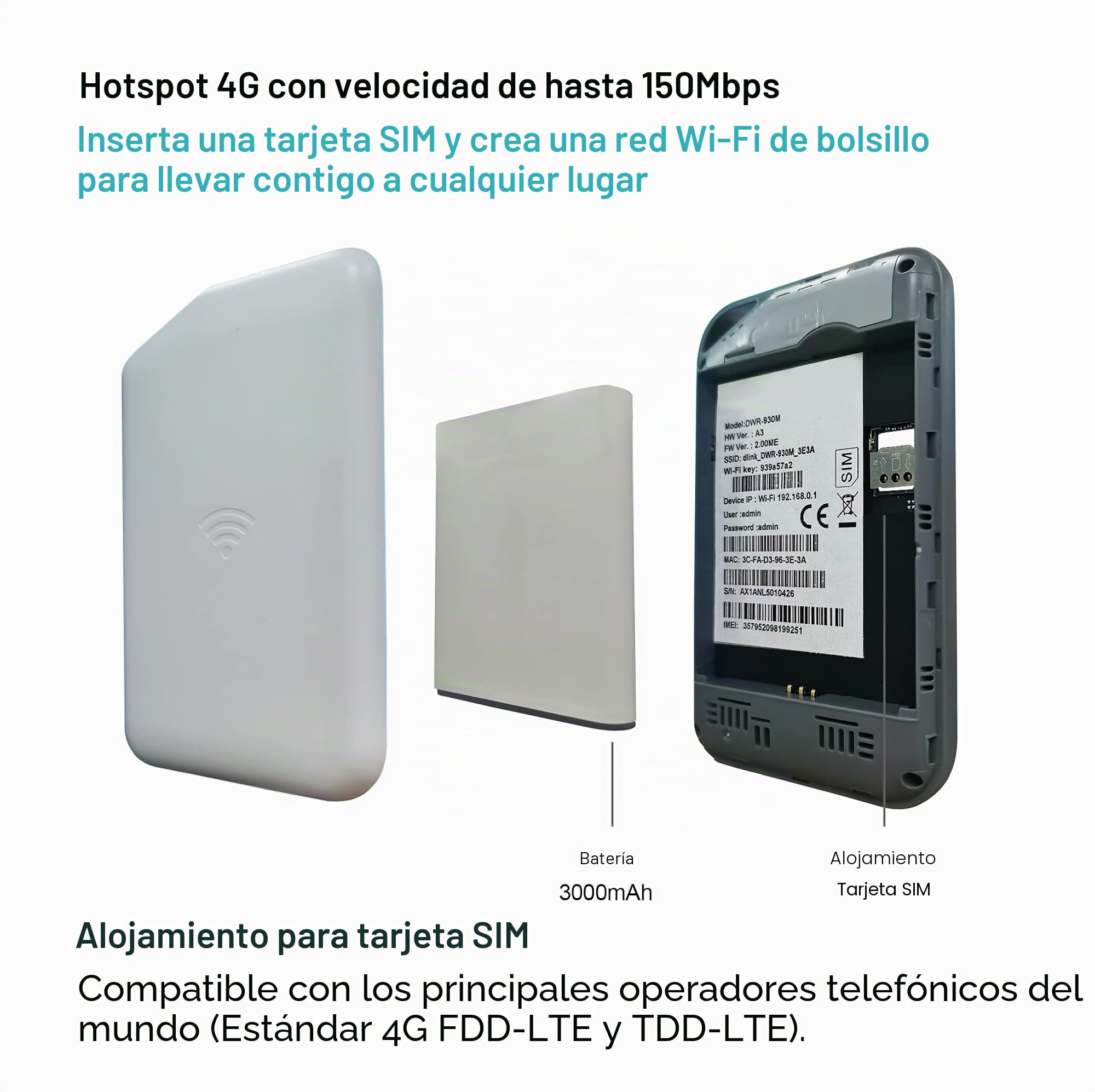 Mobile WiFi portátil Hotspot 4G LTE Sim Router 150 Mbps, batería Recargable de 3000 mAh, módem Wi-Fi USB inalámbrico, sin configuración, para Viajes y en el Trabajo. No navegar, editar APN