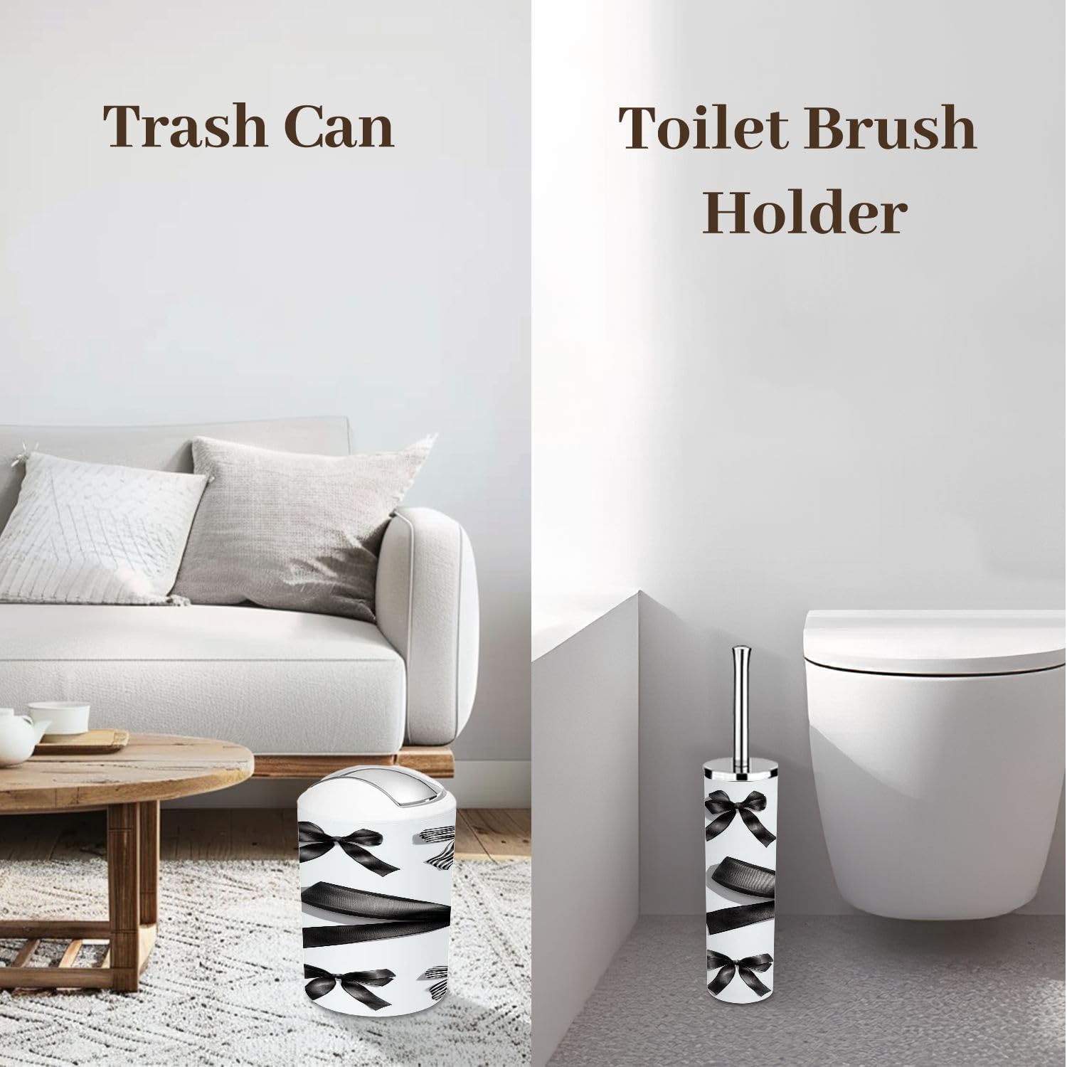 Bathroom Accessory Set 6 Piece Set Bows Black Color Set Watercolor Hand Drawn White Trash can, Toothbrush Holder, Soap Dispenser, Soap Dish, Toothbrush Cup, Toilet Brush Holder
