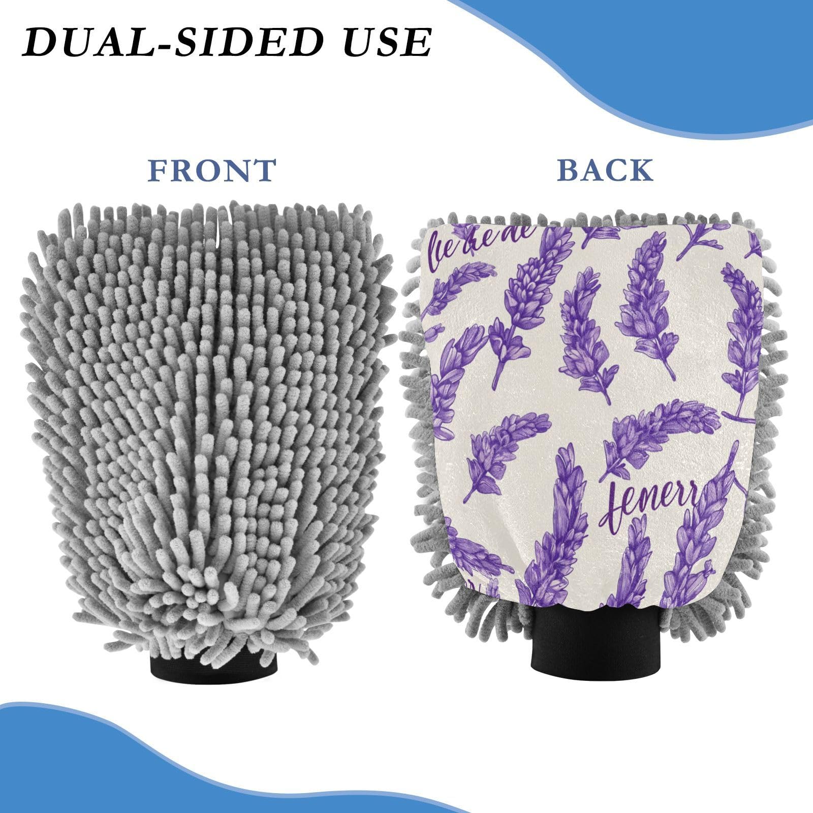 ALAZA Lavender Flower Floral Car Wash Mitt Scratch Free, 2 Pack Absorbent Microfiber/Chenille Washing & Drying Mitts, L