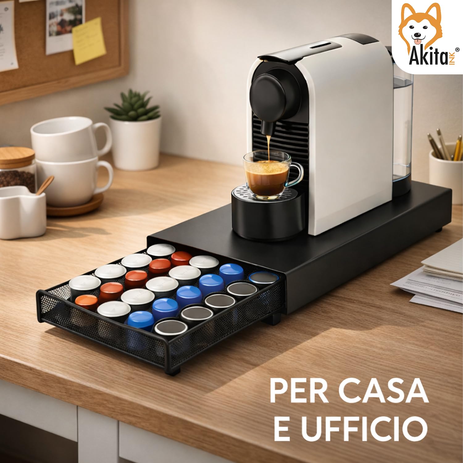 AKITAInk Portacapsule Caffè in Metallo con Cassetto, Organizer 40 Capsule Salvaspazio, Supporto Macchina Caffè, 37,5x17,5x4,5 cm, Nero