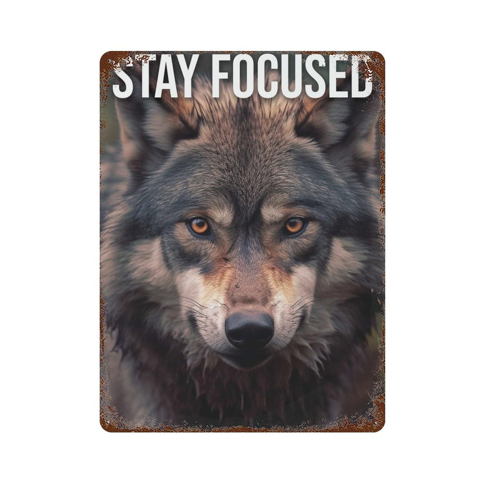 Rust Effect Stay Focused Wolf Motivate Aged Metal Wall Plaque 15.7"x11.8", Classic Wall Plaque for Basement, Hobby Room And Garage Decor