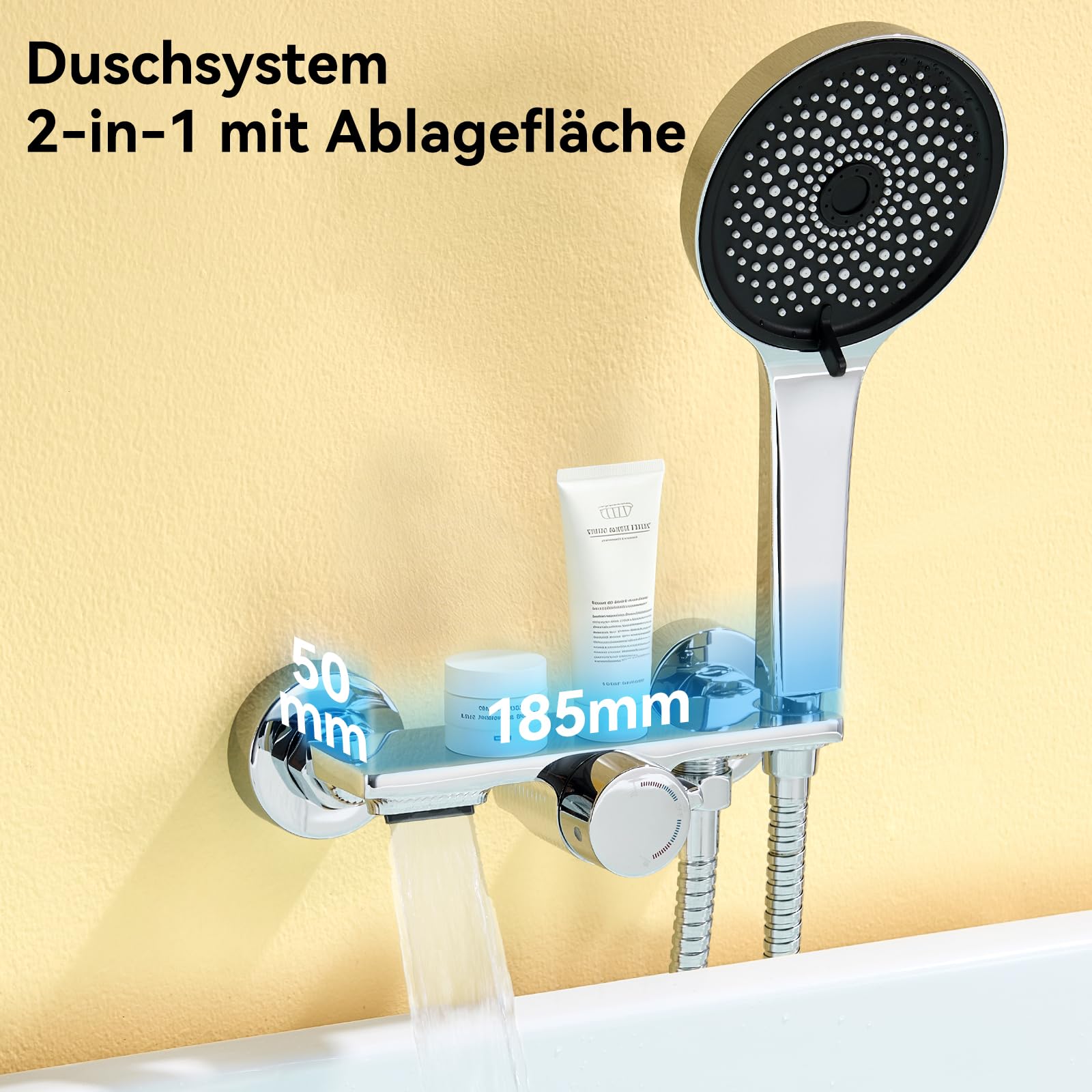 Auralum Badewannenarmatur mit Duschbrause, Duscharmatur Komplettset mit Ablage, Wasserfall Duscharmaturen, Edelstahl Schlauch und Wand Halterung, Messing Mischbatterie mit Handbrause für Bad, Chrom