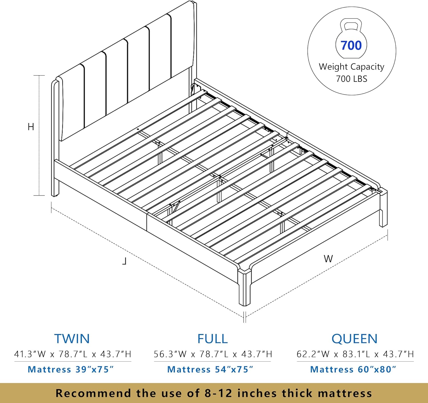 HOWE - Marco De Cama Tapizado De Pana Tamaño King De 61 Pulgadas, Plataforma Con Cabecero Vertical A Rayas, No Necesita Somier, Sin Ruido/listones Y Patas De Madera Maciza/negro