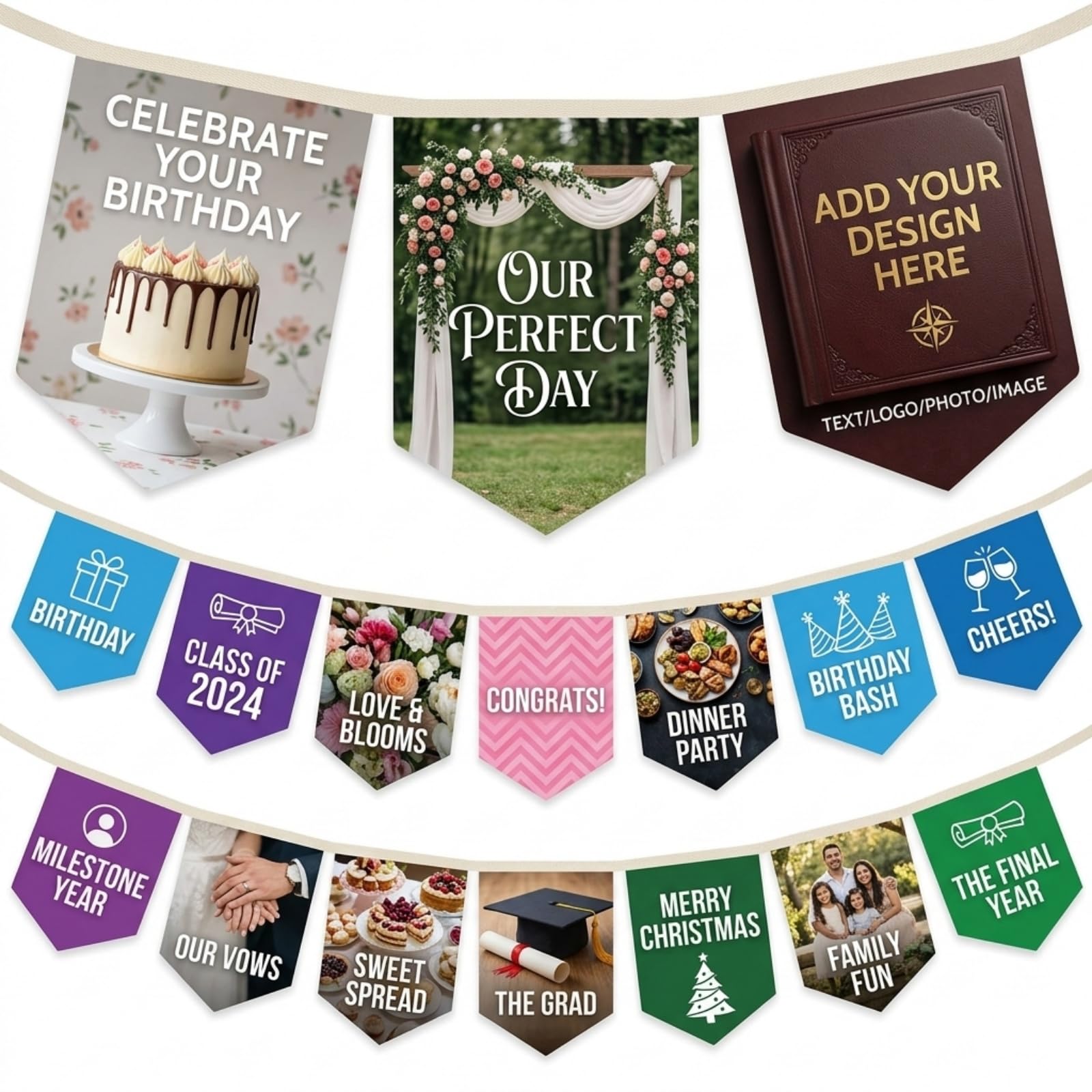 Personalised Pennant Bunting, Custom Photo Text Logo Party Decorations