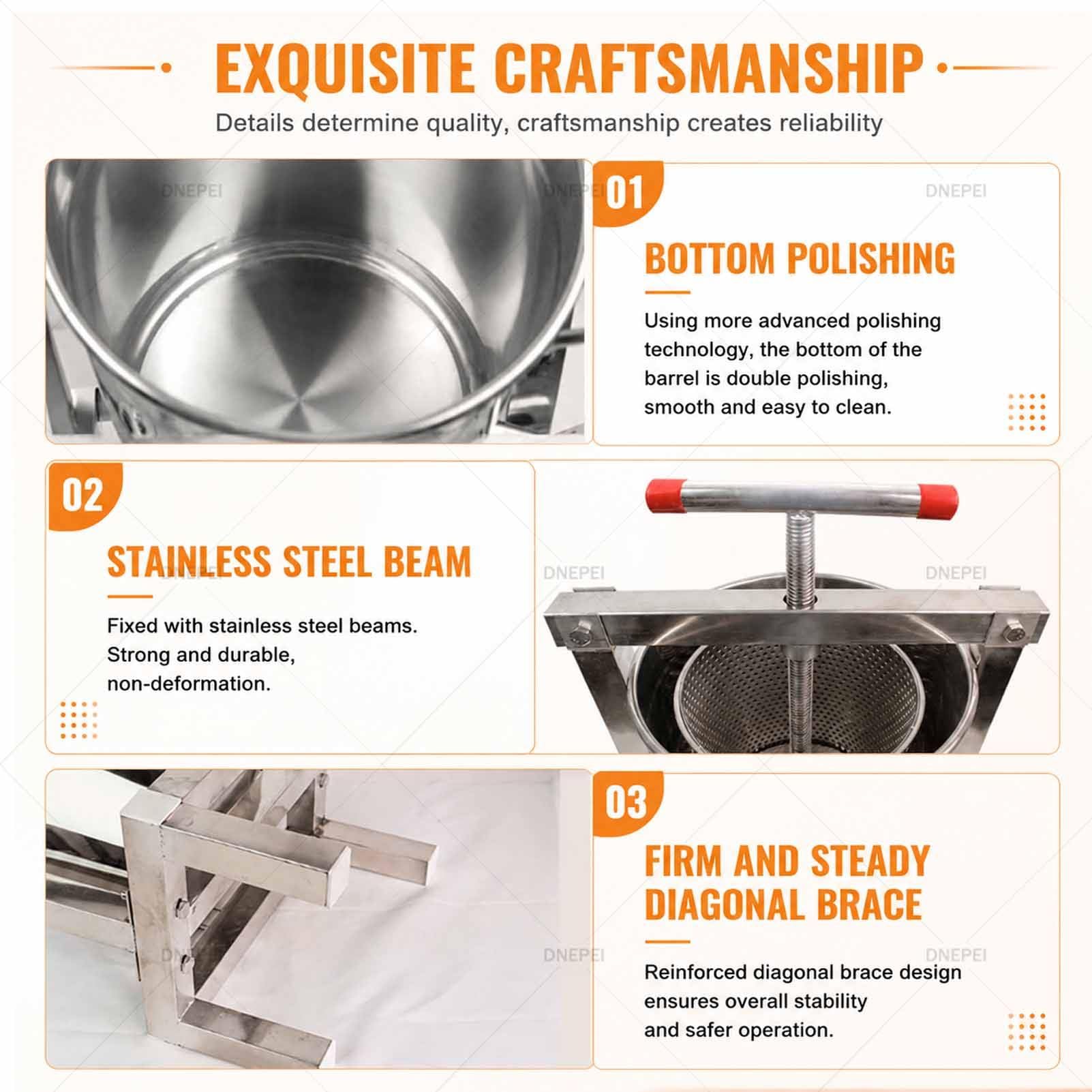 Extractor de Miel de Gran Capacidad (2,6 galones) – Fabricador de zumos Manual de Acero Inoxidable Apto para Uso alimentario con colador extraíble y Mango en Forma de T 201