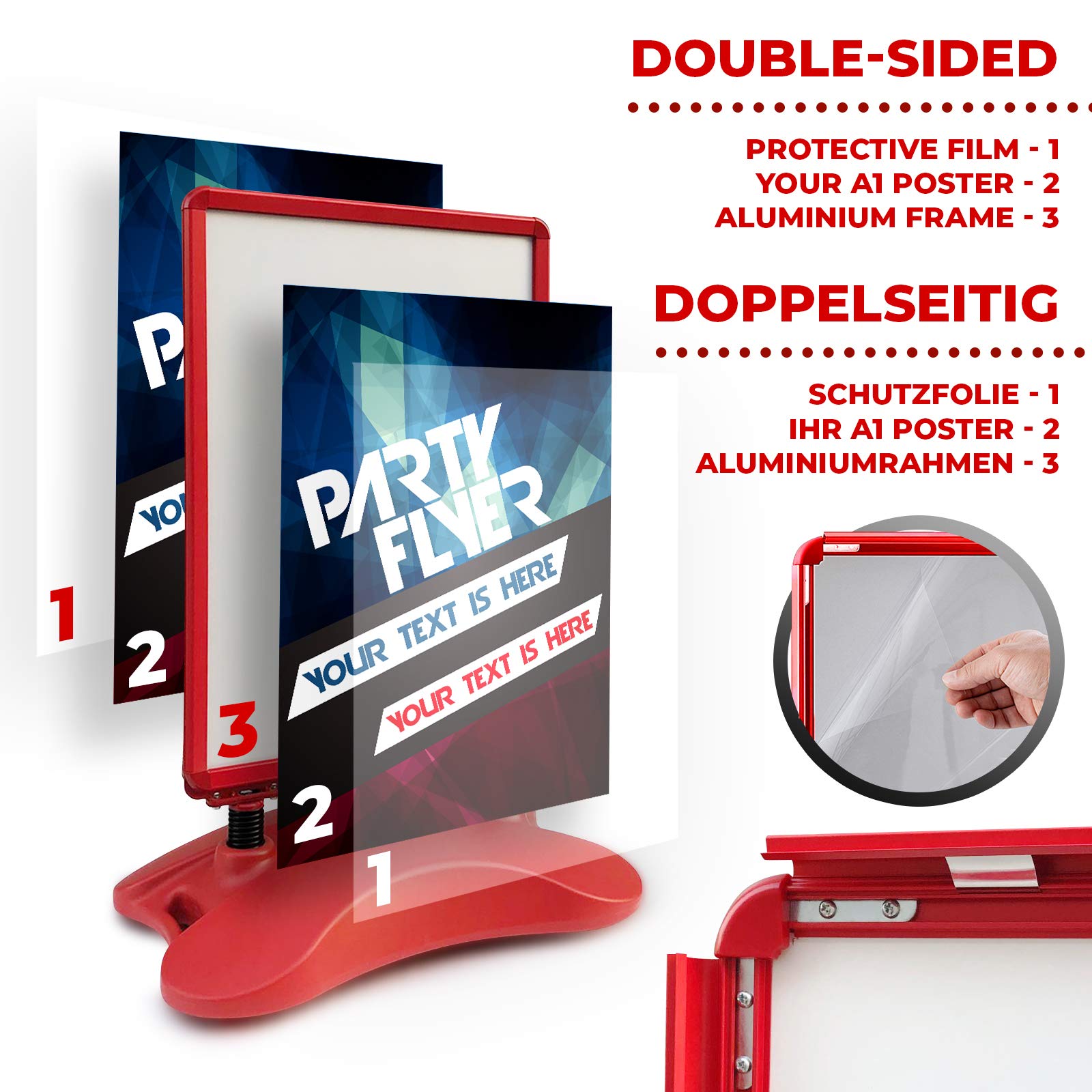 Jago® Porte Affiche - Cadre A1, Double Face, Haute Qualité, Durable, Robuste, Pratique, Remplissable à Eau/Sable, Portable, Rouge - Panneau Affichage Exterieur, Presentoir A4, Tableau d'Affichage