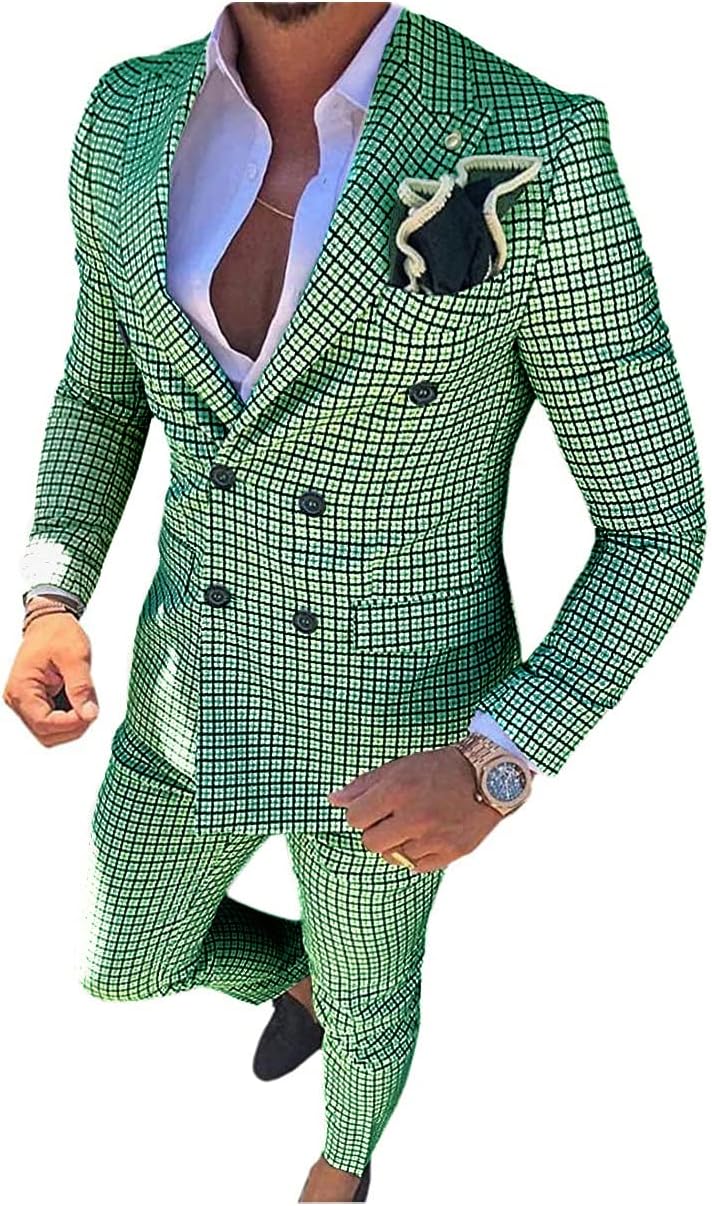 Mens Suit Plaid Double Breasted Flat 2 Piece for Wedding Suit (Blazer +Pants)