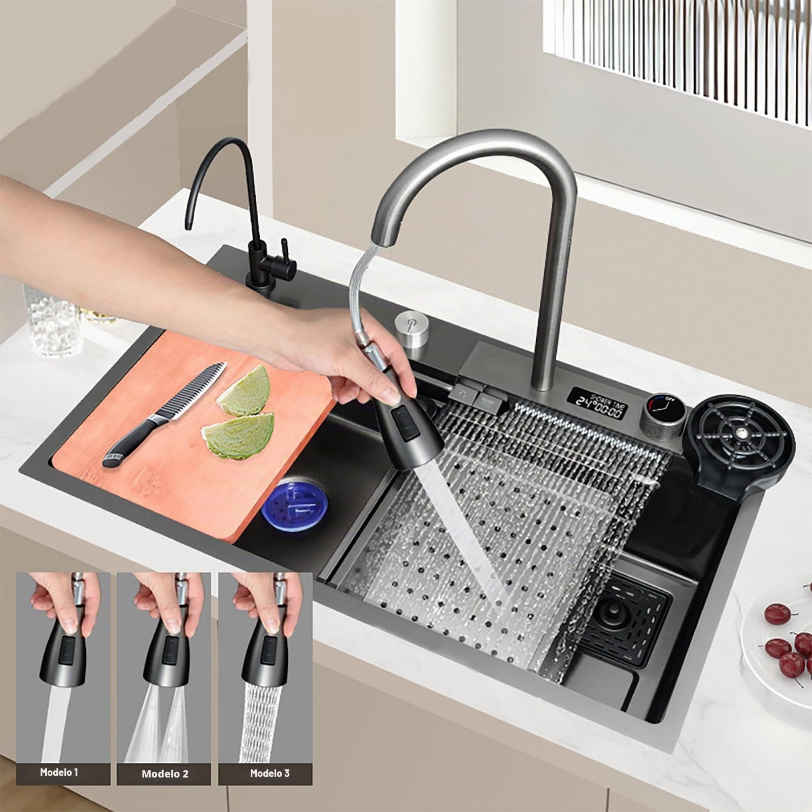 Fregadero Cocina Negro Multifuncional, Fregadero Cocina en Acero Inoxidable, Fregadero Bajo o Sobre Encimera Con grifo extraíble/dispensador de jabón/flujo de agua en cascada (A, 68x45cm)