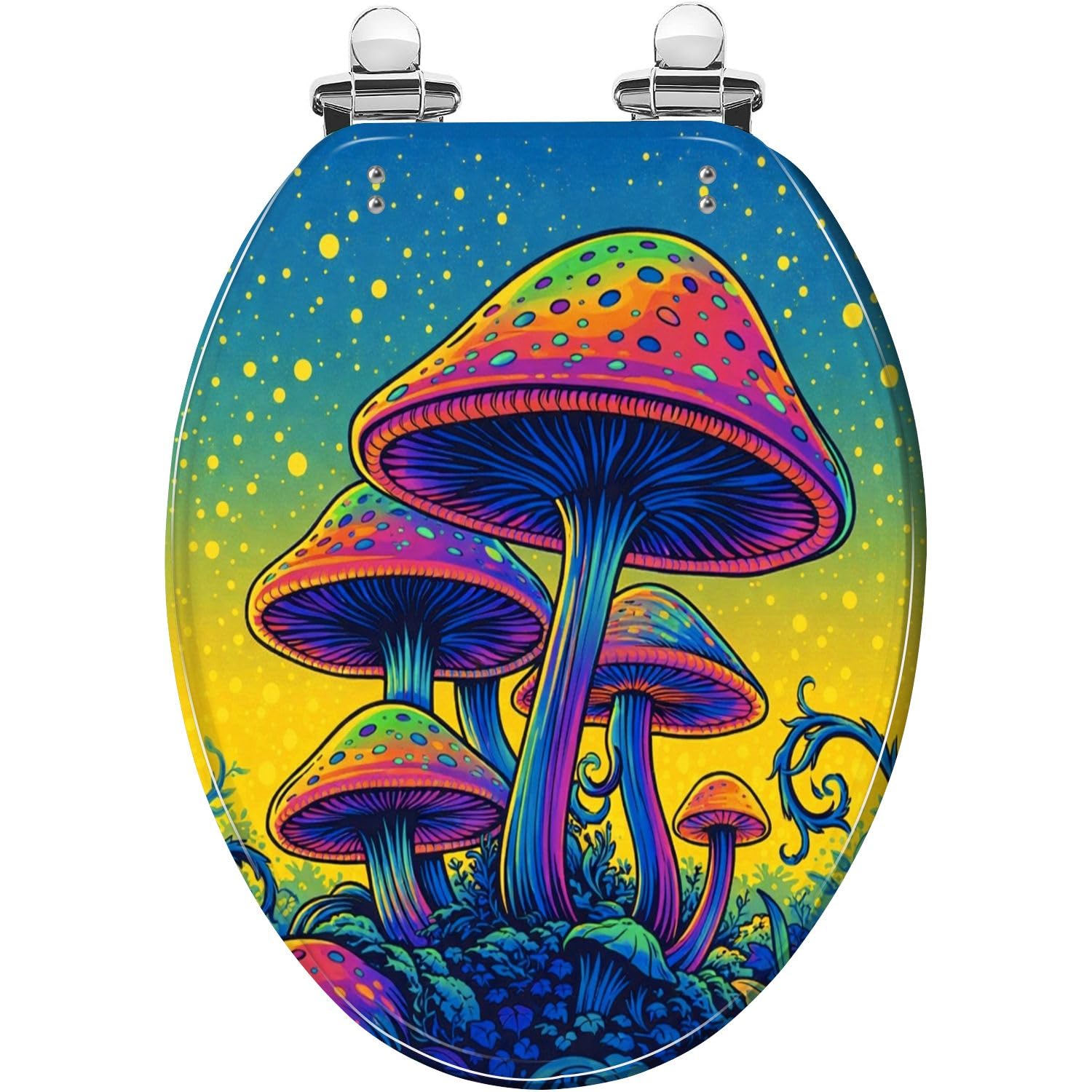 Decorative Elongated Plastic Toilet seat, Psychedelic Mushroom neon Forest Quick Release Hinges, Quiet Close b Bumpers, Easy Easy Install Clean, Adjustable, Lightweight, Vibrant, Resin