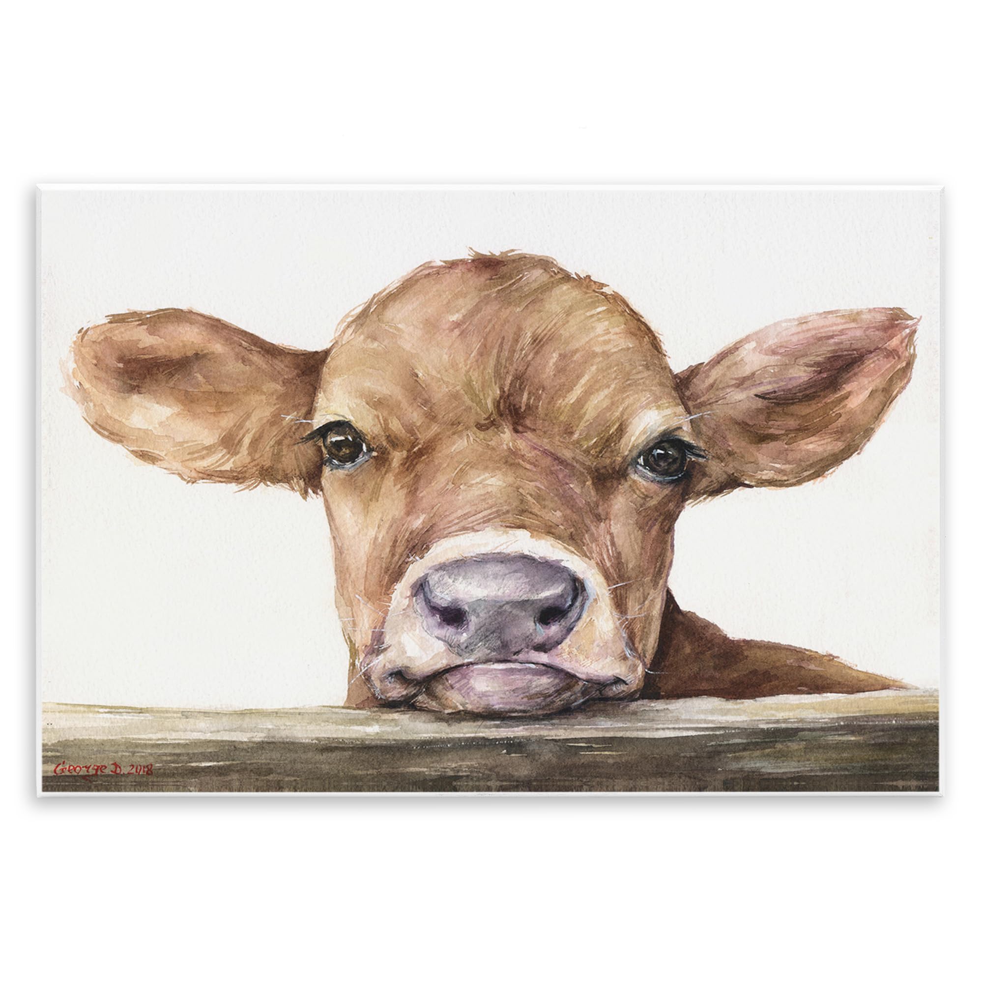 Stupell Industries Cute Baby Cow Animal Watercolor Painting Wall Plaque Art Design By Artist George Dyachenko