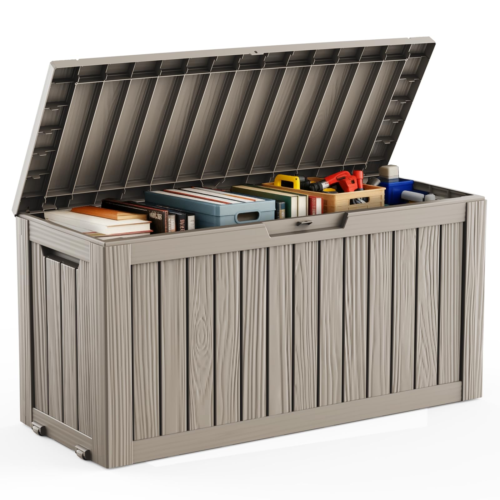 DRATO 75 Gallon Deck Box, Waterproof Resin Large Outdoor Storgae Box for Patio Furniture, Patio Cushions, Gardening Tools, Pool Supplies, Lockable（Gray，75 Gallon）