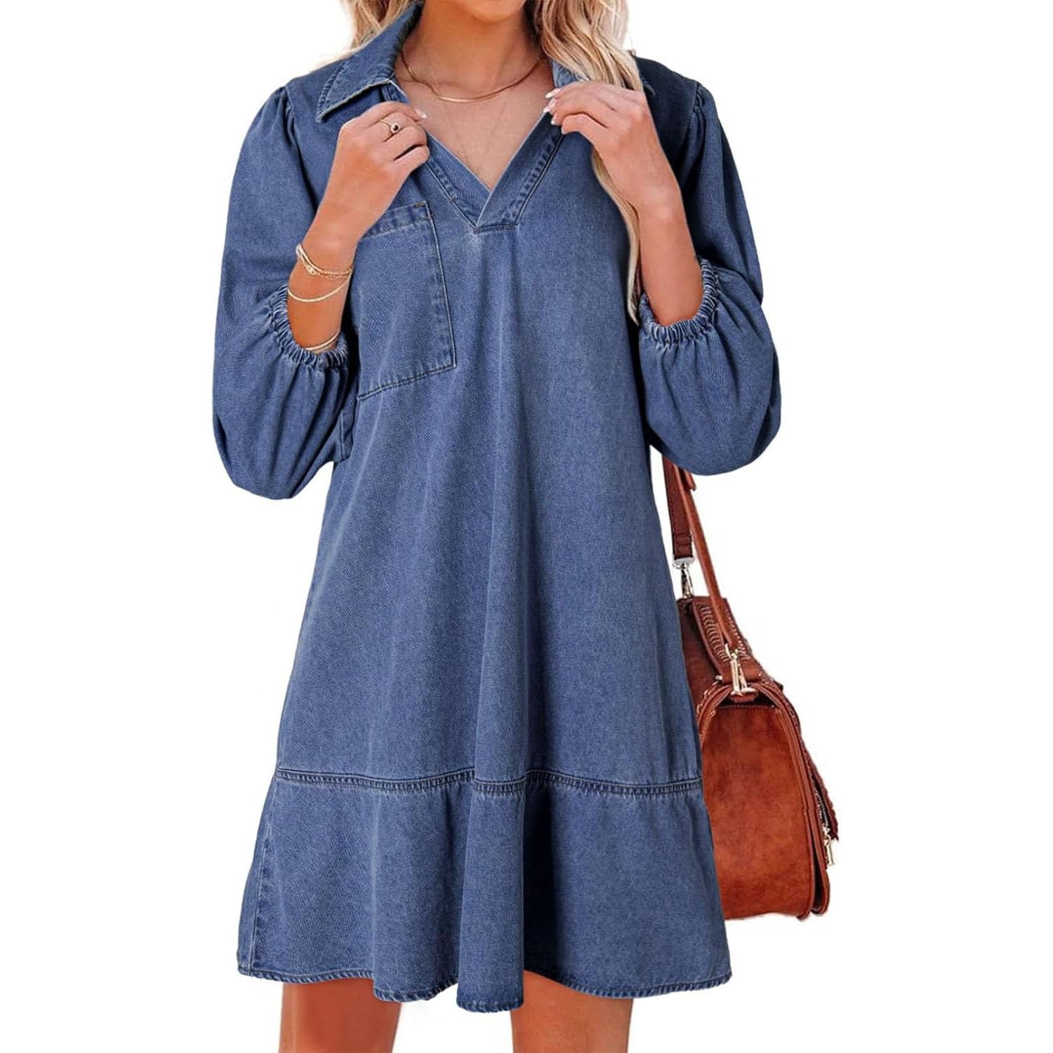 Vestido Vaquero con Capas, Cuello en V y Mangas abullonadas para Mujer, Vestidos Vaqueros con Volantes y Mangas 3/4, Vestido Vaquero Camisero Holgado de Verano con Bolsillos. (Dark Blue,XL)
