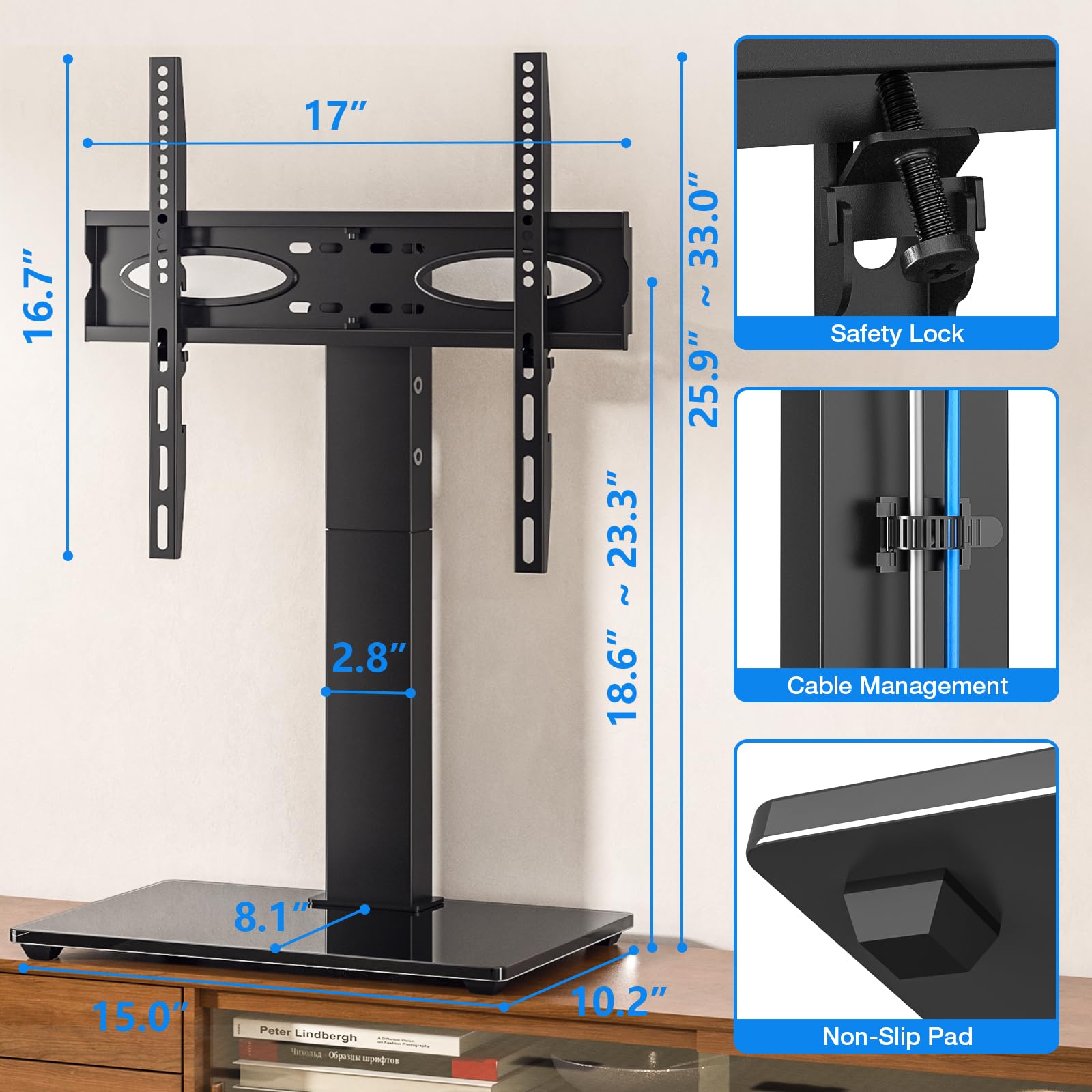 Rfiver Supporto universale girevole per TV da tavolo per TV LCD da 37 a 65,70,75 pollici fino a 49,9 kg - Supporto centrale regolabile in altezza con base in vetro temperato resistente