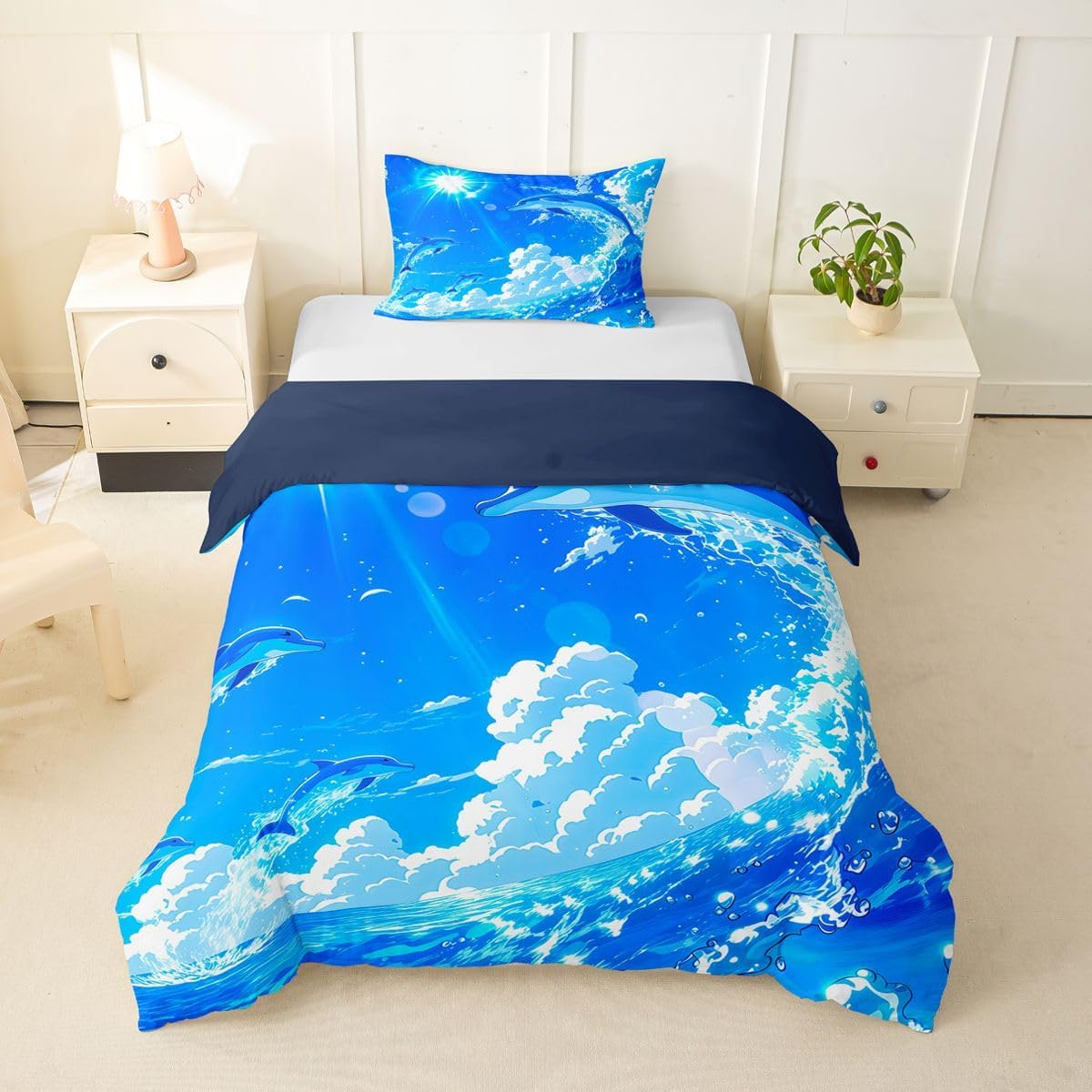 Erosebridal Cute Blue Dolphins Toddler Duvet Cover Ocean Junmping Animals Bedding Set Ocean Sea Wave Comforter Cover for Kids Boys Girls,Nautical Coastal Beach Bed Set