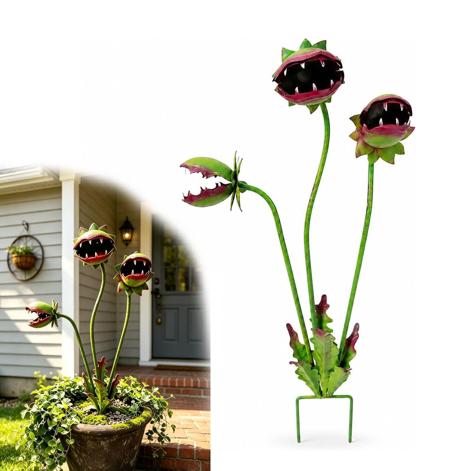 Skurrile Metall fleischfressende Pflanze Gartenstecker Große Venus Fliegenfalle Monster Pflanze Skulptur Langlebige Hofkunst für Blumenbeete, Terrassen & Pflanzgefäße, einzigartiges witziges