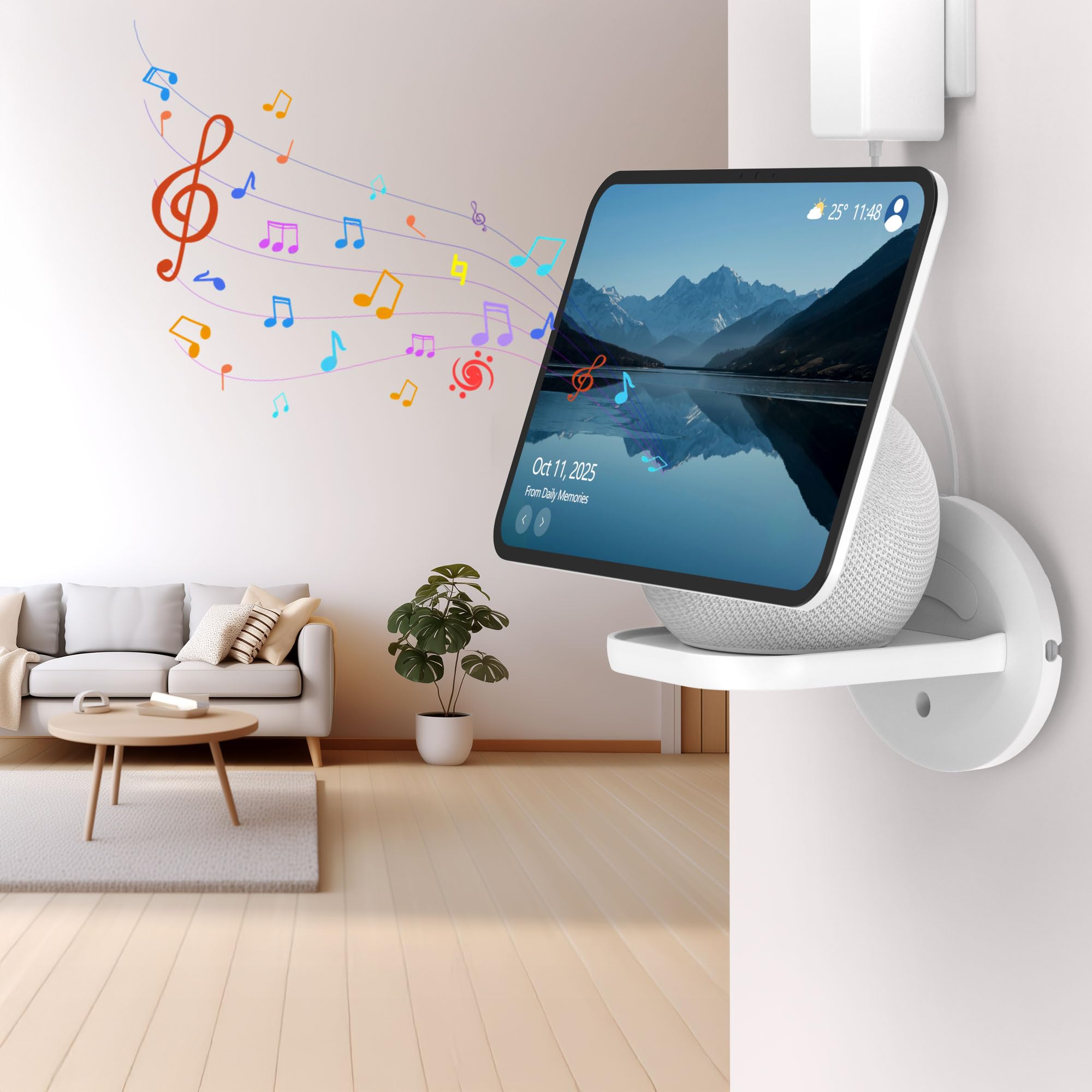HomeMount Supporto da Parete per Show 11 e Dot Max, Supporto Universale per HomePod Mini, Google Nest Mini, Nest Wi-Fi Point & Cam – Salvaspazio con Gestione Cavi Integrata (Bianco - 1P)