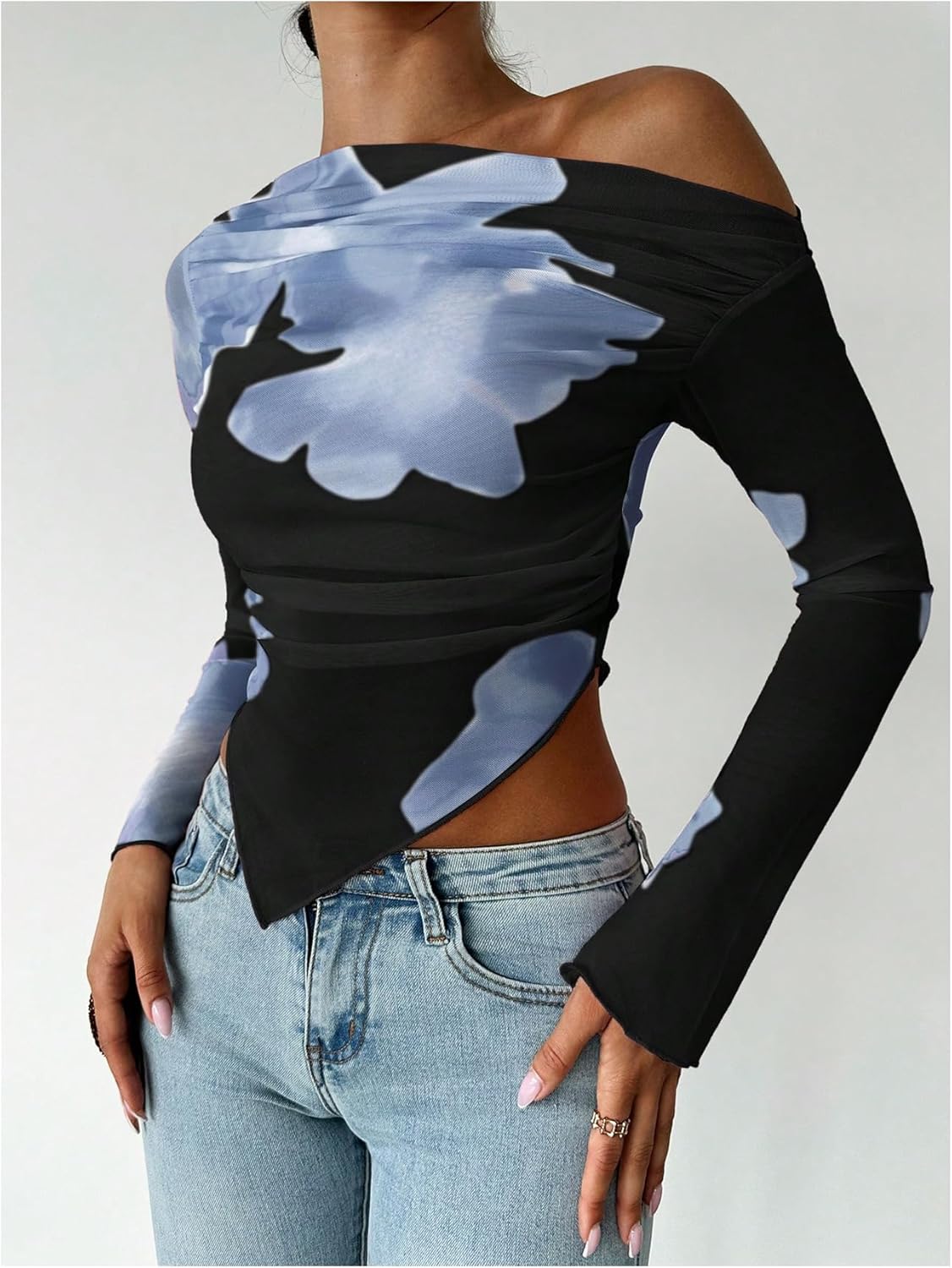WDIRARA Women's Y2k Floral Print One Shoulder Long Sleeve Mesh Top Asymmetrical Hem Shirt - Image 6