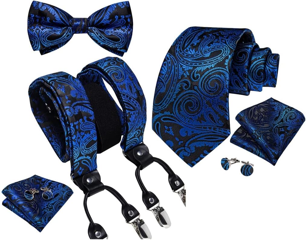 Suspenders for Men Leather 6 Clips Braces Trousers Strap Y Back Elastic Silk Suspender Bow Tie Set Men's Gift