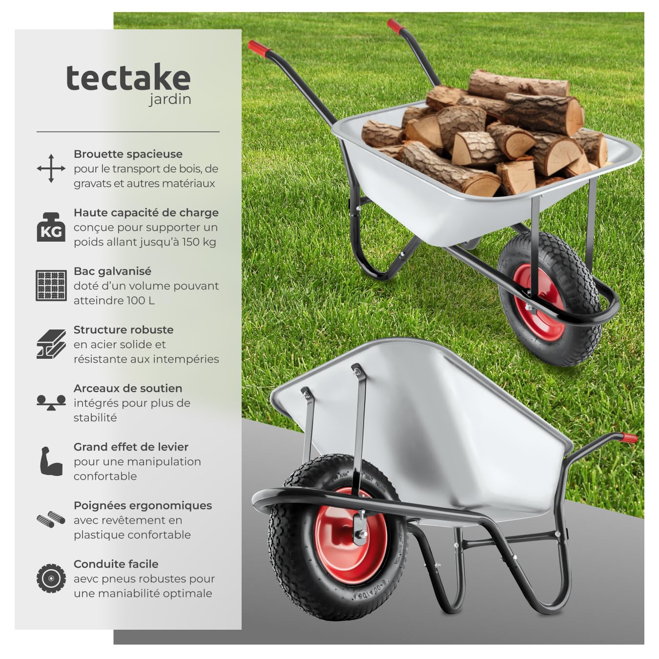 tectake® Brouette de Jardin Chariot de jardin Brouette de chantier 100 L Tout-Terrain max. 250 kg Bac Galvanisé 1 Grande Roue Pneumatique Robuste Confortable pour Jardinage Bricolage Bois de chauffage