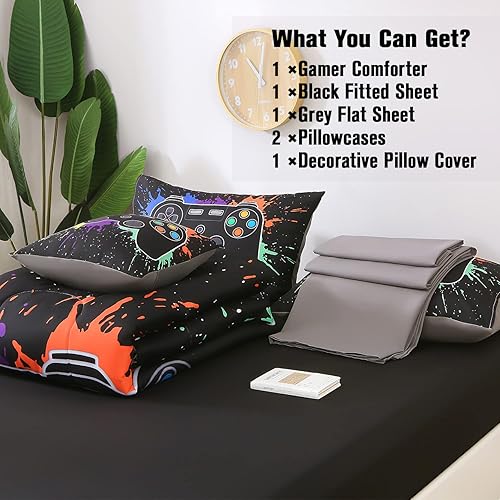 Miniatura 6 de JQinHome Juego de edredón de tamaño individual para niños y niñas, ropa de cama de 6 piezas en una bolsa, ropa de cama de videojuegos 3D de