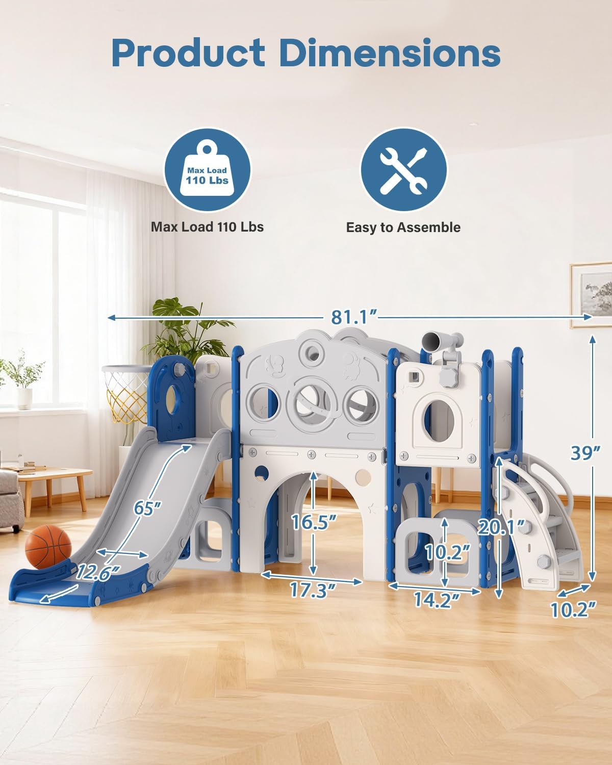Babytronic Toddler Slide Set, 8 in 1 Kids Slide, Indoor Outdoor Slide for Toddlers Age 1-3, Toddler Playset with Basketball Hoop and Tunnel, Toddler Indoor Outdoor Playground, Blue&Grey