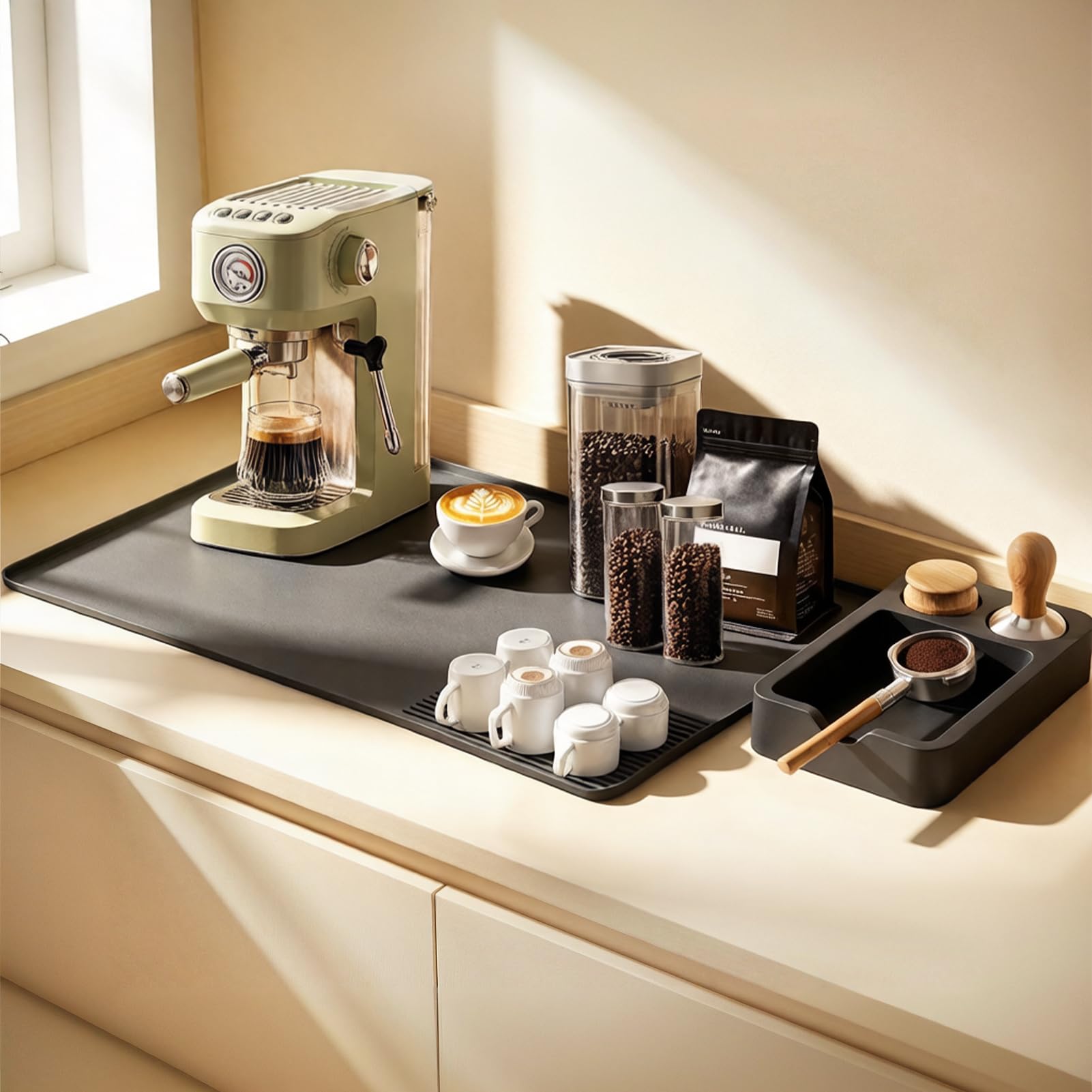 Alfombrilla de Silicona para Cafeteras, Alfombrilla para Máquina de Café con Bordes Elevados 60x40cm, Tapete para Máquina Café Antideslizante Fácil Limpiar con De'Longhi Magnifica, Krups, Philips