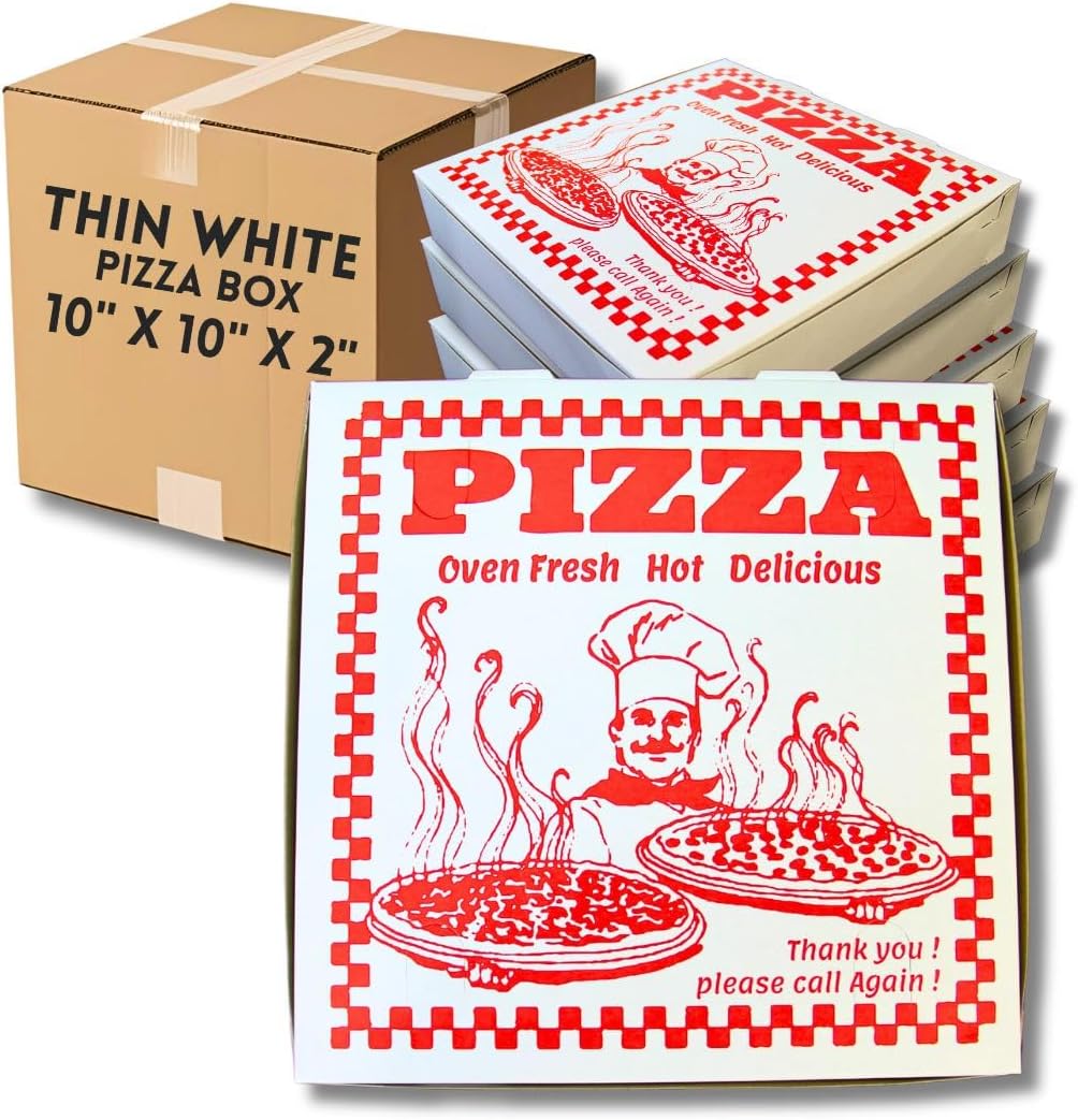 White Pizza Boxes with Design – 10 x 10 x 2 Inches – Stackable Takeout and Delivery Food Boxes for Small Pizzas and Flatbreads (100 Count)
